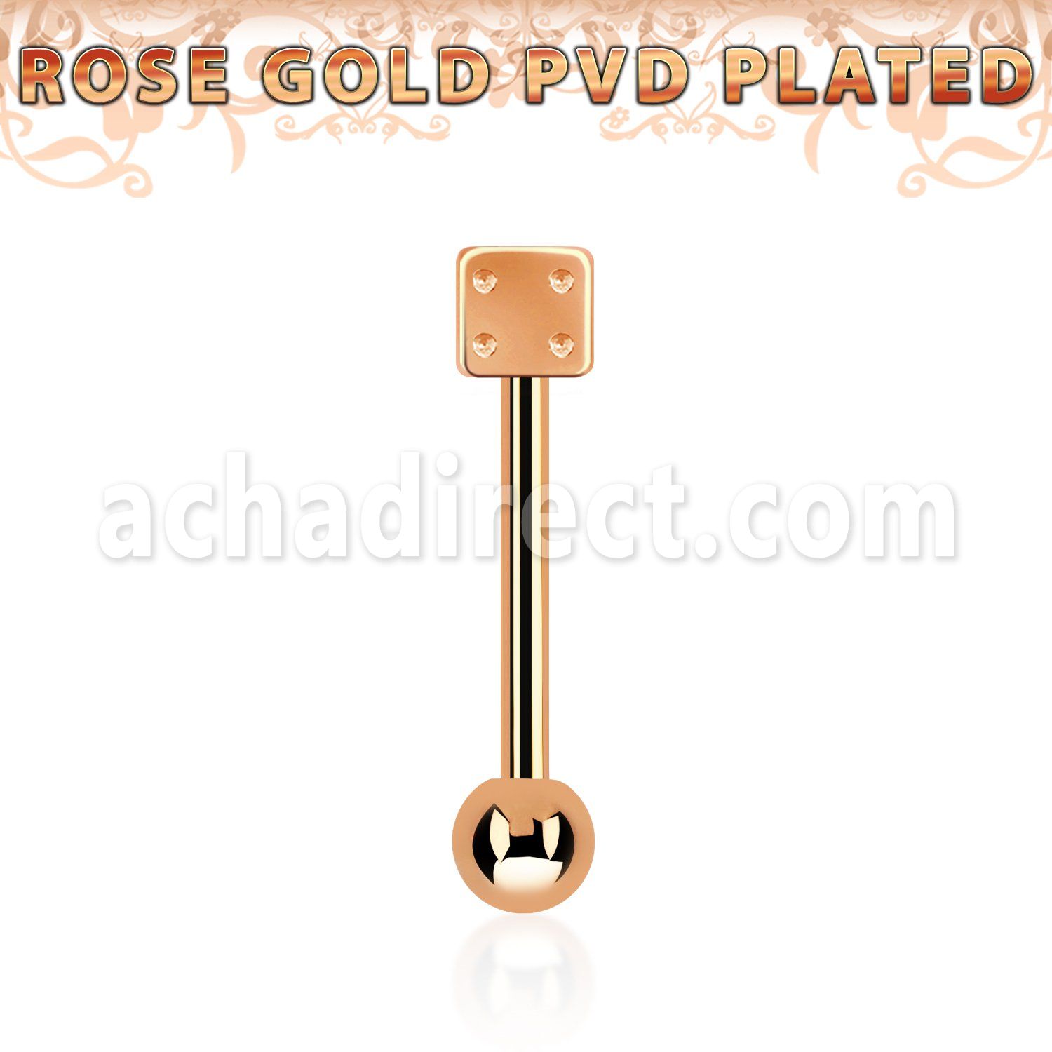 bbttdi rose gold steel tongue barbell with a top 5mm steel dice