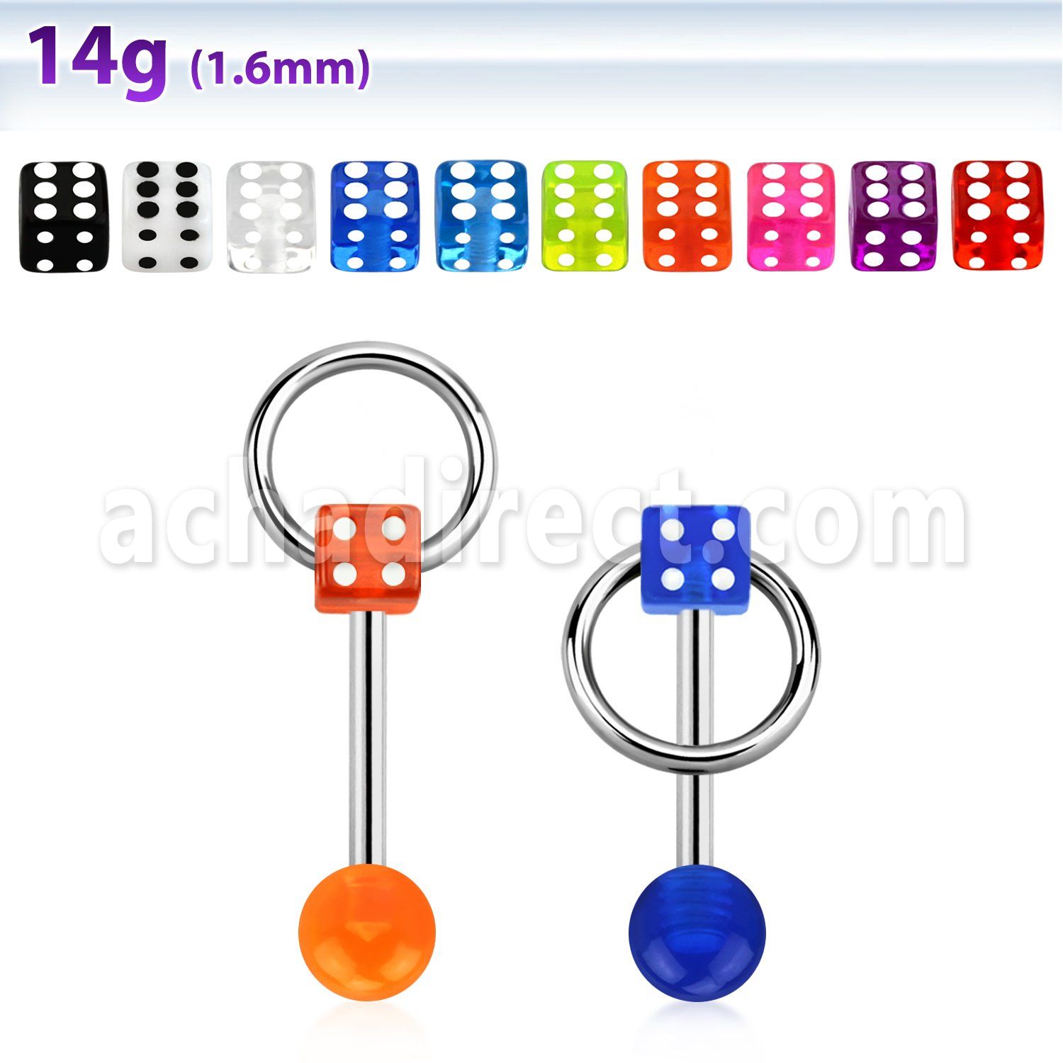bbuvdisl 316l steel tongue barbell w uv dice top w slave ring
