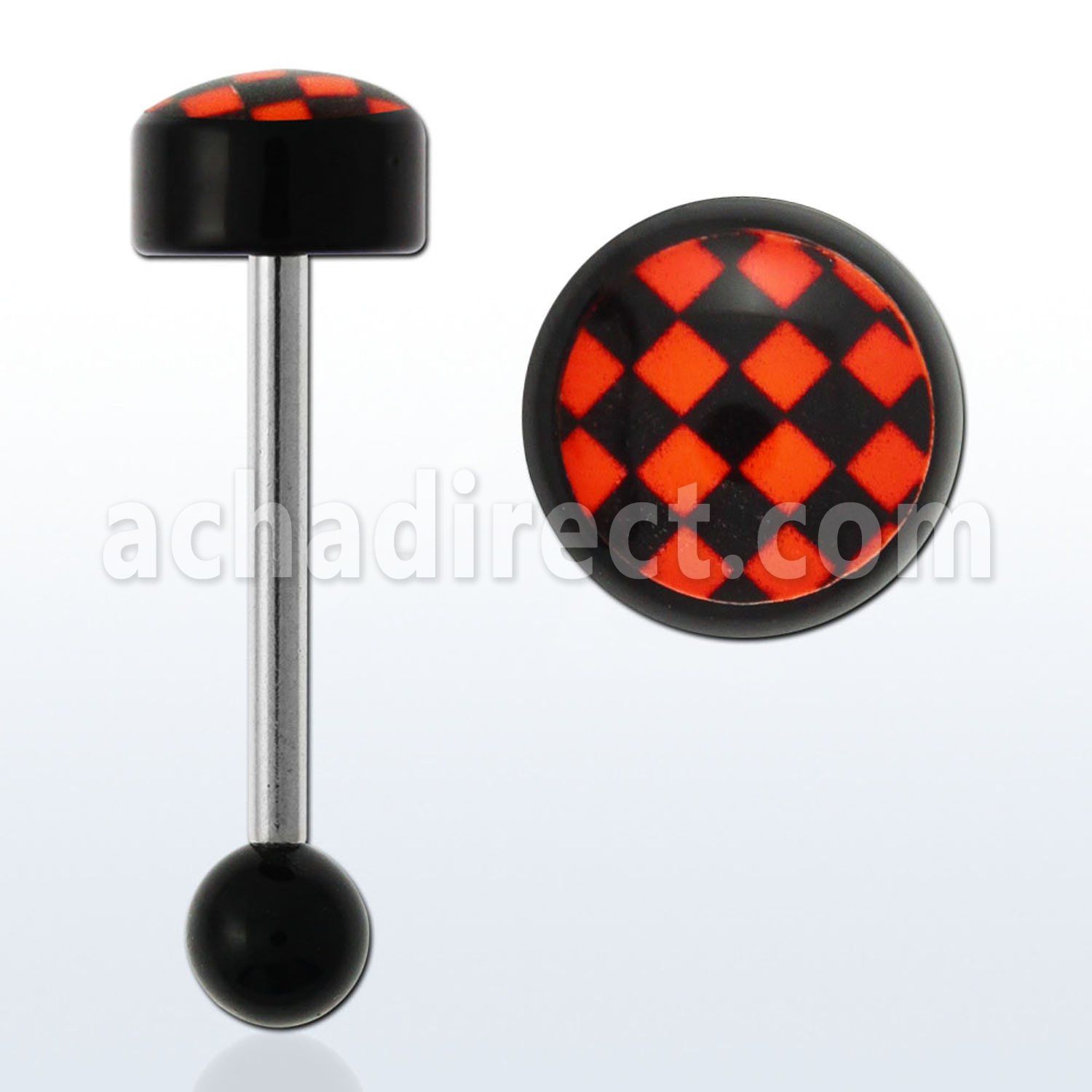 bbvg6 316l steel tongue barbell w checkeredd logo acrylic top