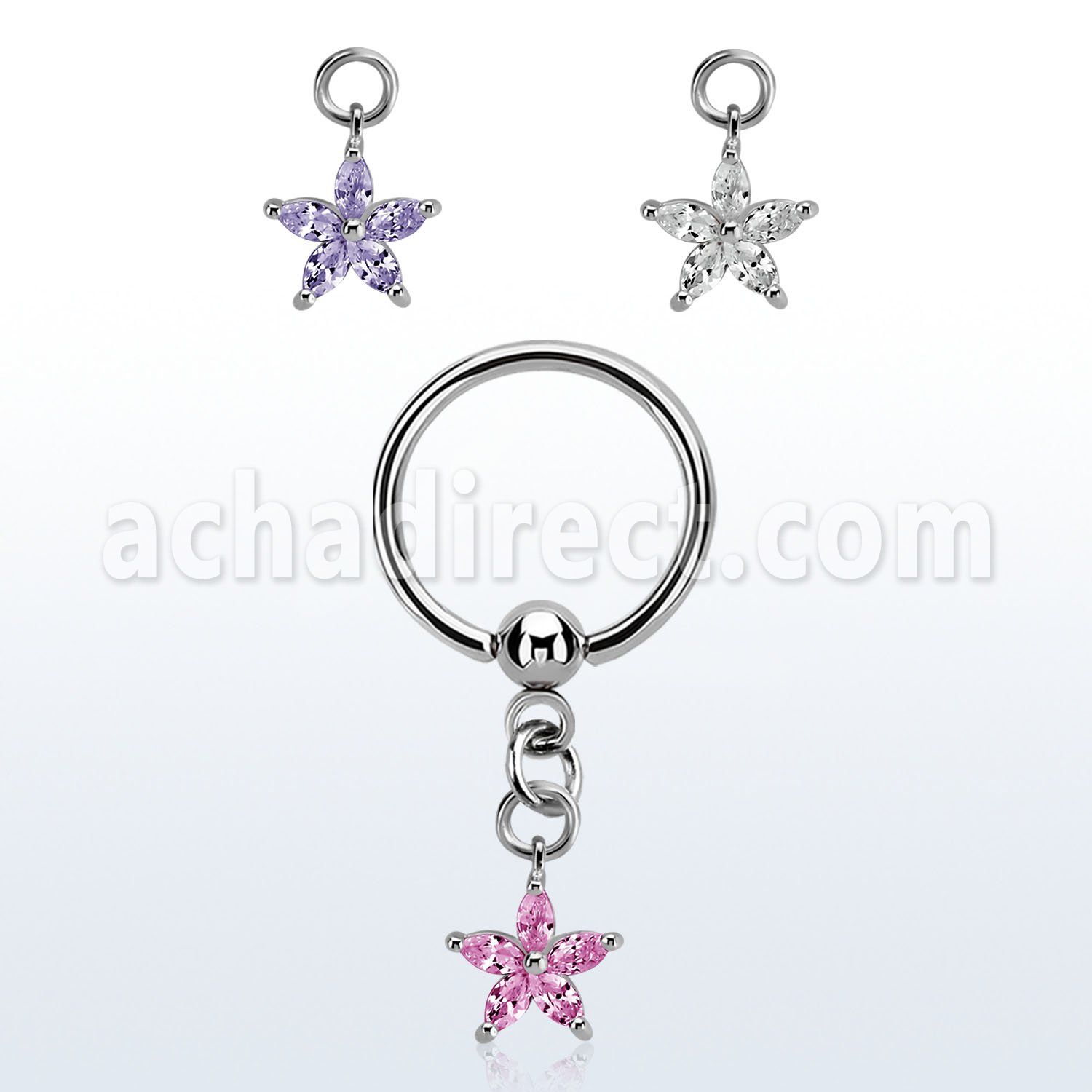 bcrsz413 steel ball closure ring w dangling flower shape w czs 