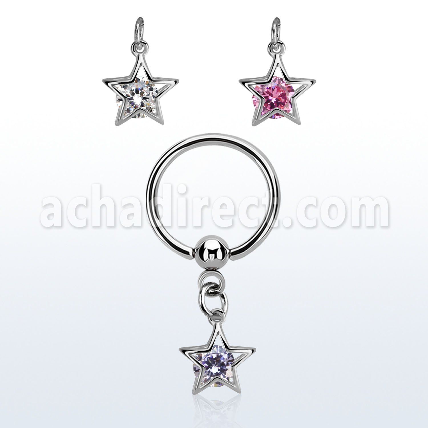 bcrsz414 steel ball closure ring w dangling star shape w round cz