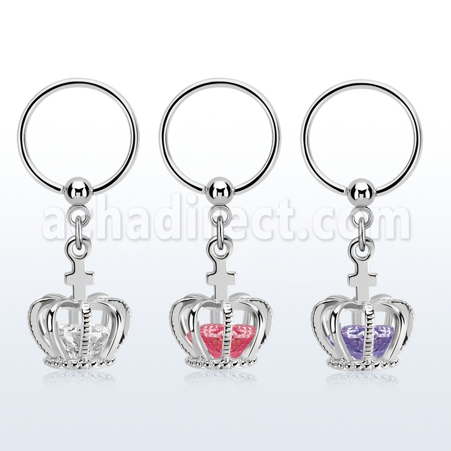 bcrsz590 316l steel bcr, 16g w dangling crown w cz