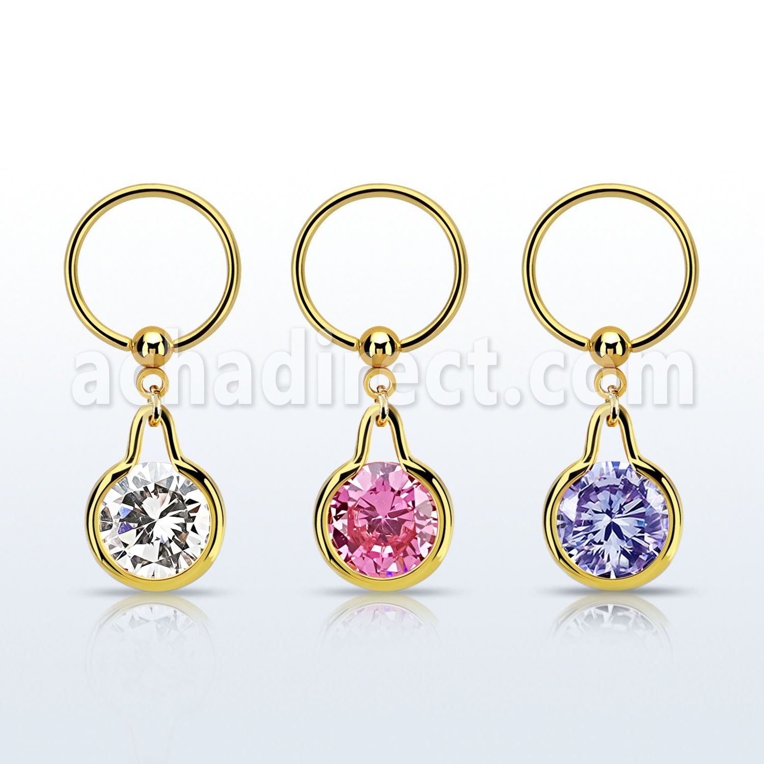 bcrtsz11 gold plated steel ball closure ring round dangling w cz