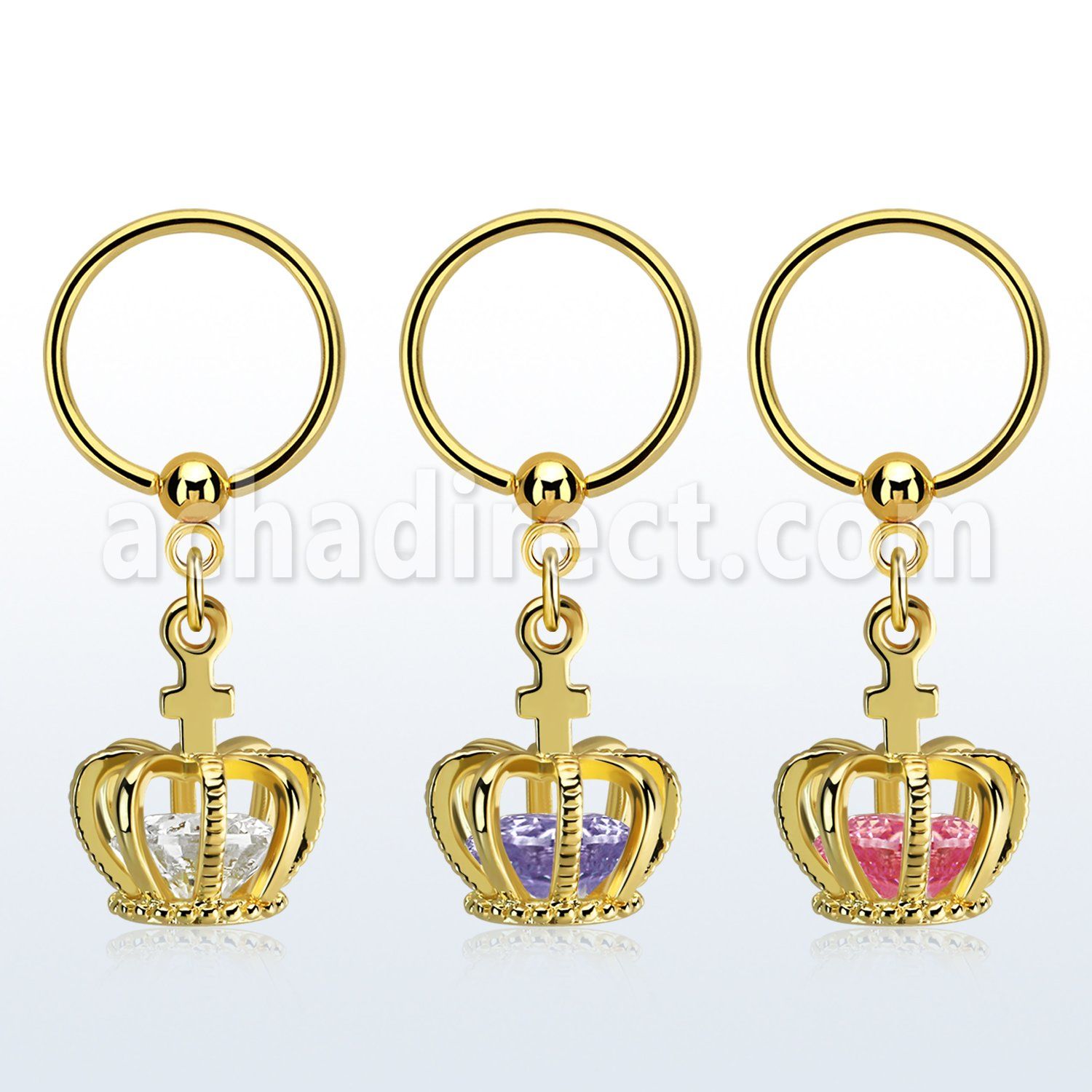 bcrtsz12 gold plated 316l steel bcr, 16g w dangling crown w cz