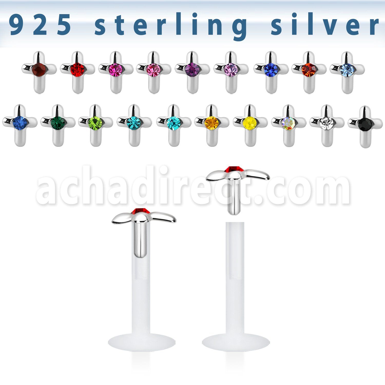 bilbcj bio flex labret with silver cross top w central crystal