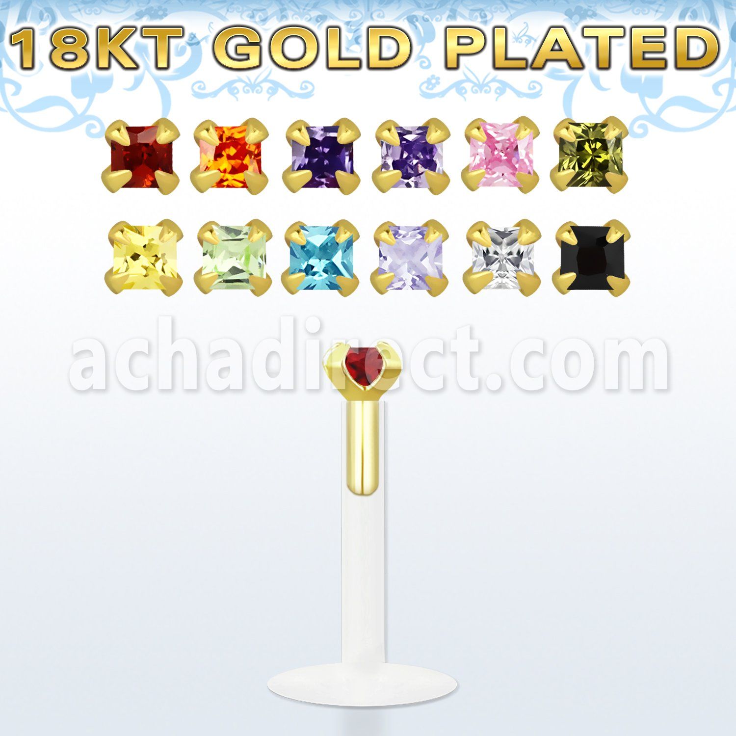 bilbqzrg bioflex labret w gold silver top w square 2mm prong cz