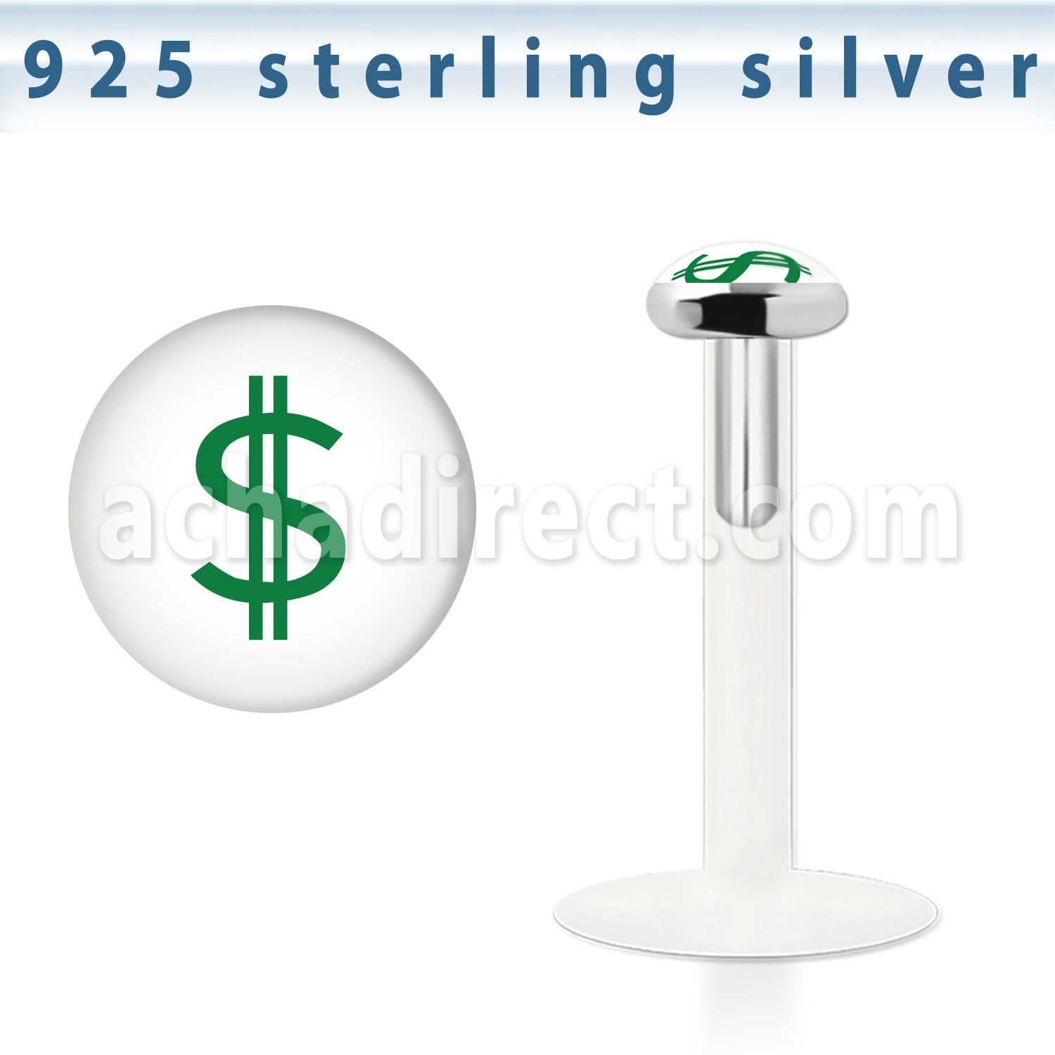bilg14 bio flex labret with 3mm flat silver top w dollar logo