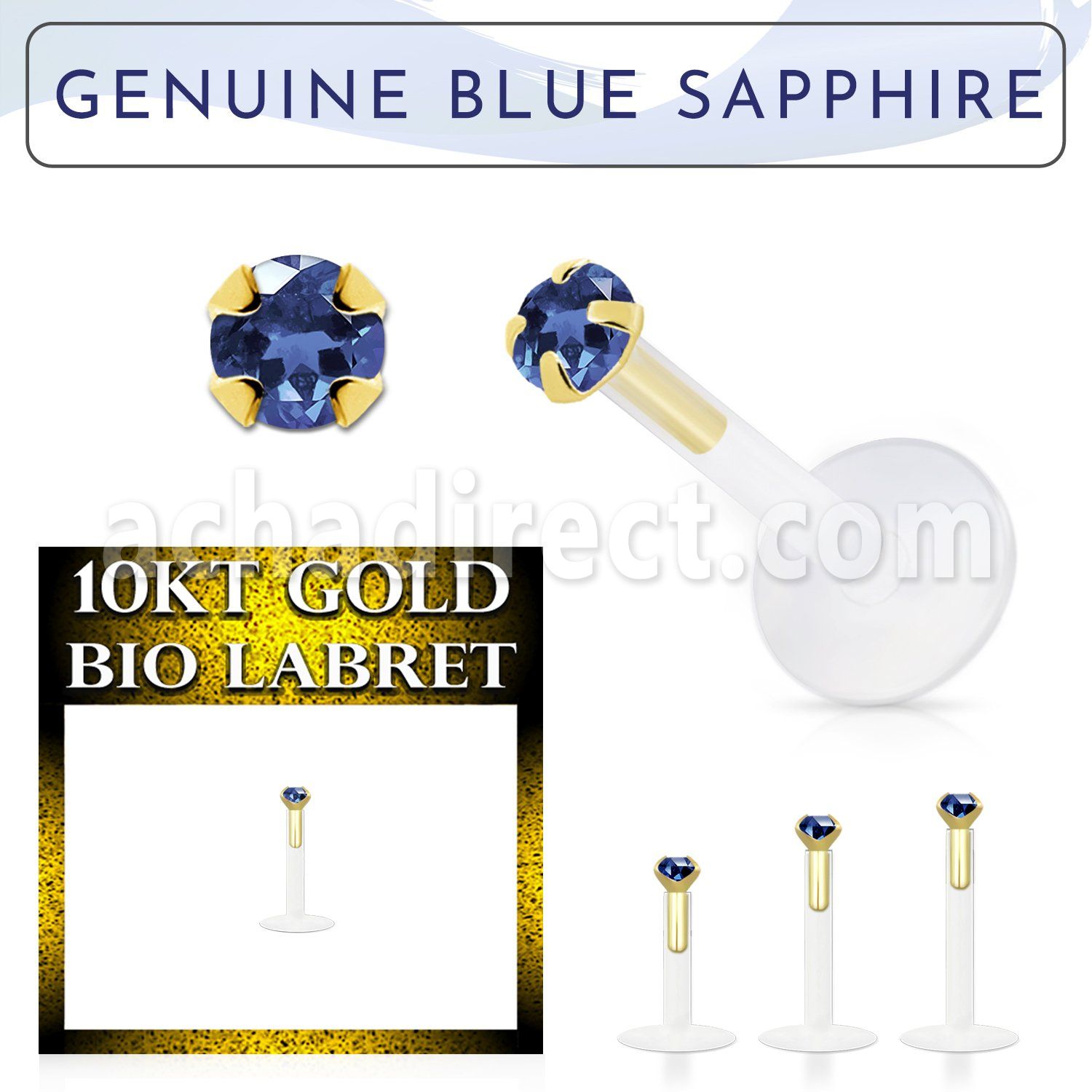 bioflex labret with 10kt gold w prong blue sapphire