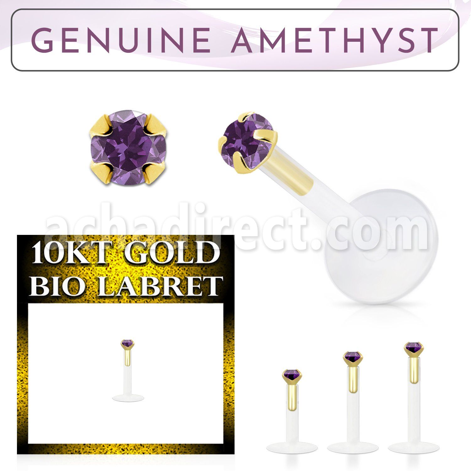 bioflex labret with push in 10kt gold w prong amethyst