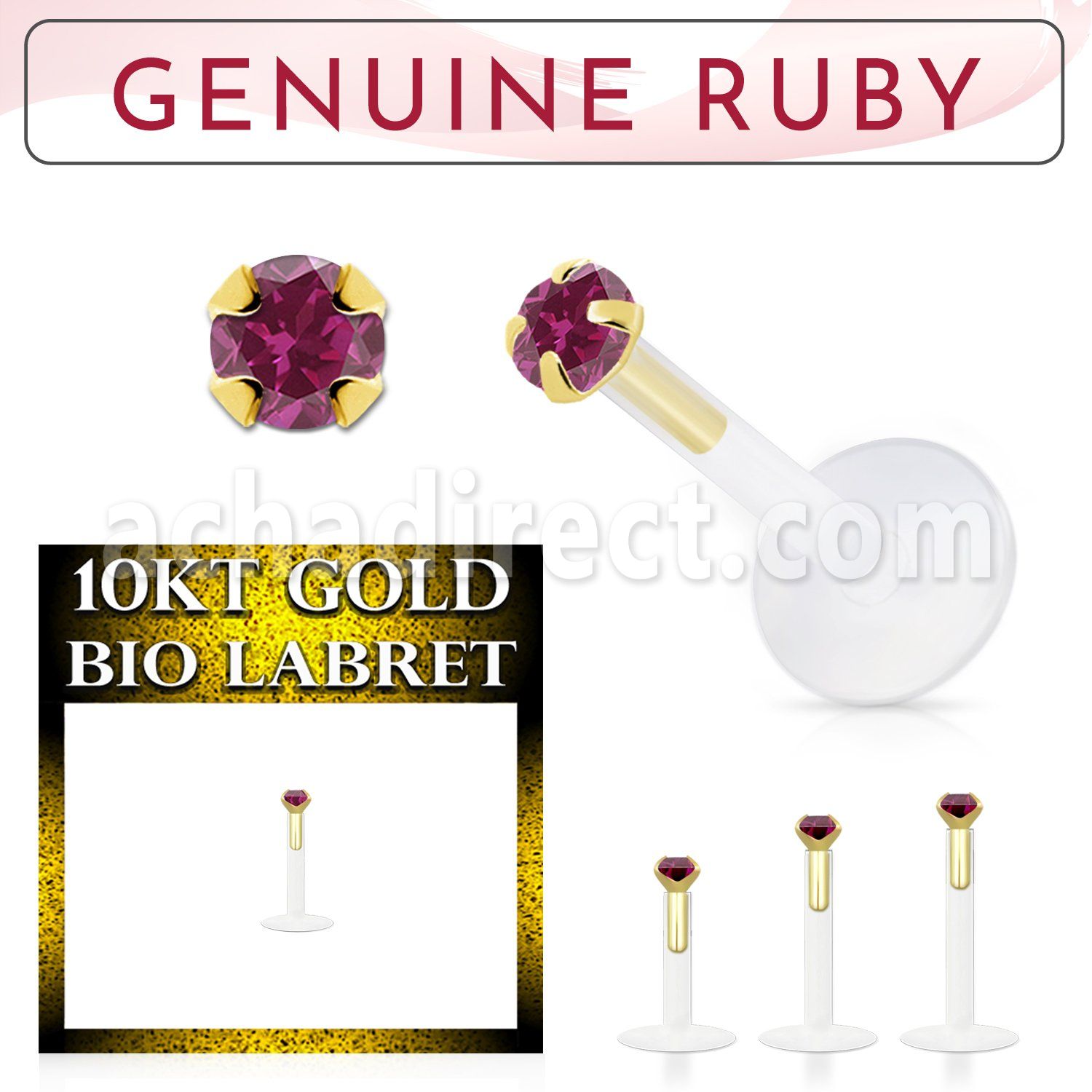 bioflex labret with push in 10kt gold w prong set ruby
