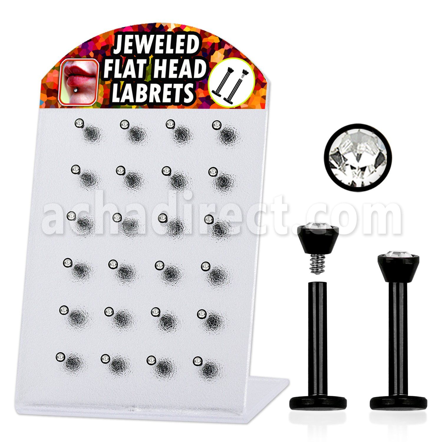 blbkc black anodized 316l labret with 2 5mm clear jewel top