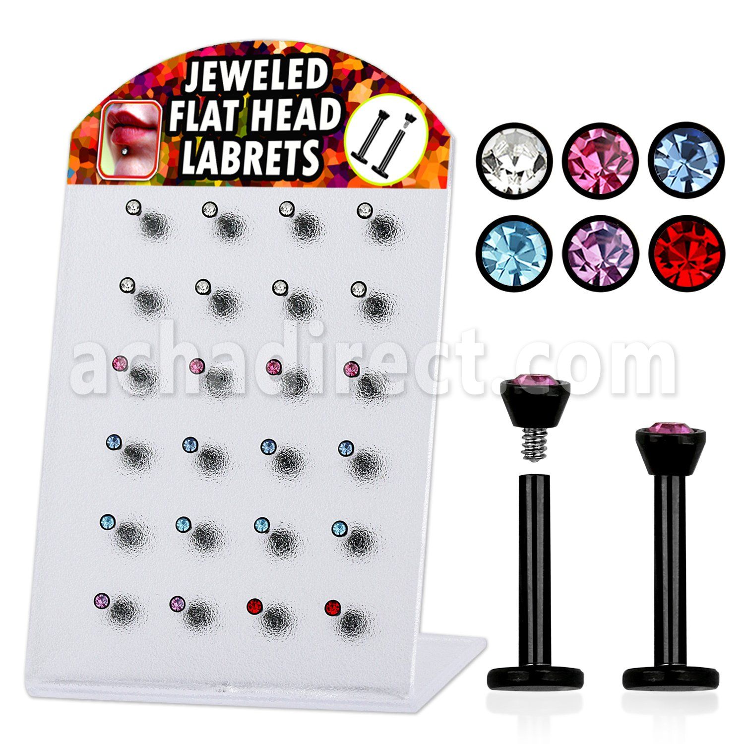 blbkm anodized 316l steel labret w assorted colored jewel top