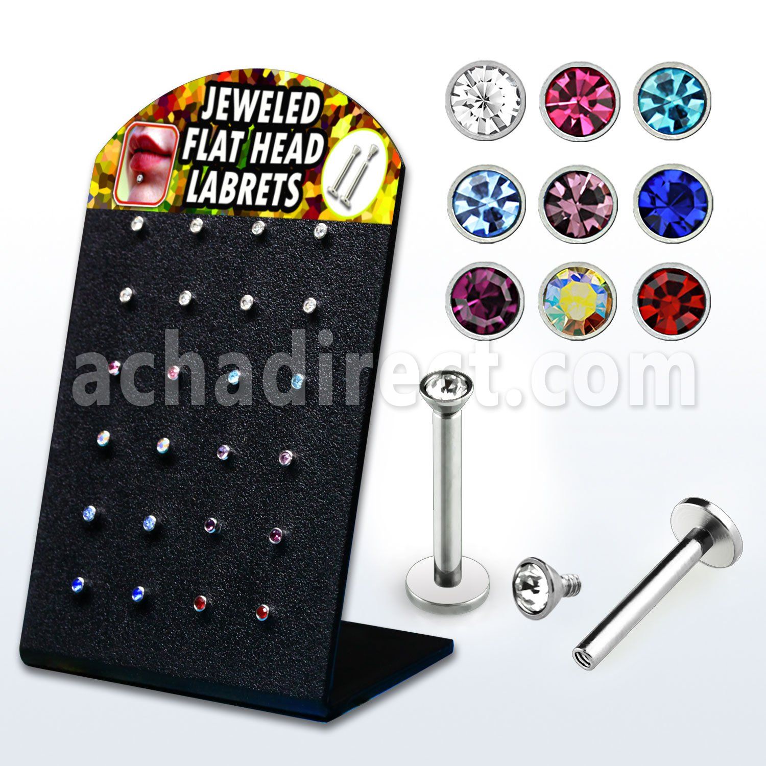 blbm25 316l steel labret with 2 5mm assorted colored jewel top