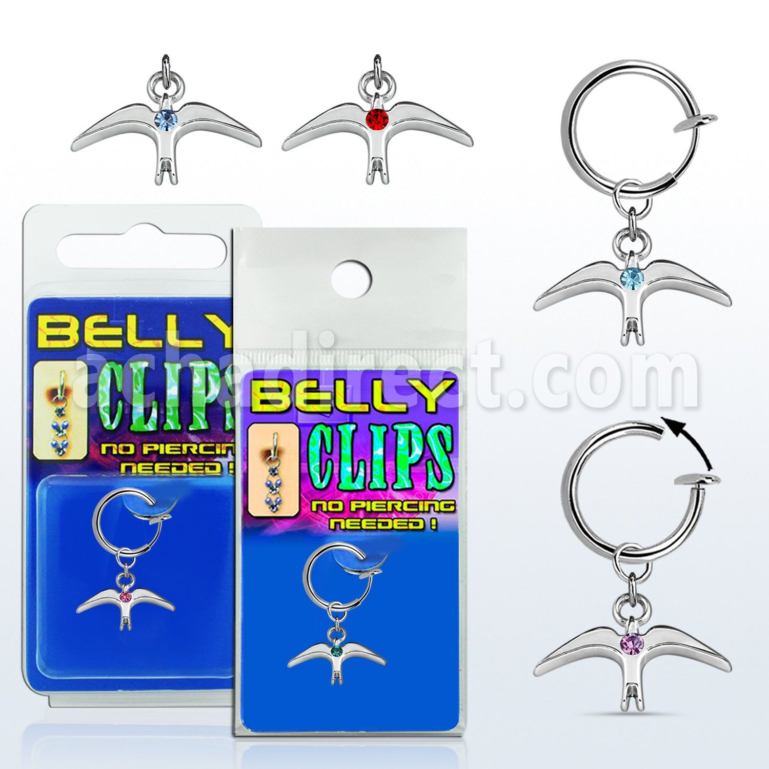 blcp463 fake belly clip w a dangling plain bird w a crystal 