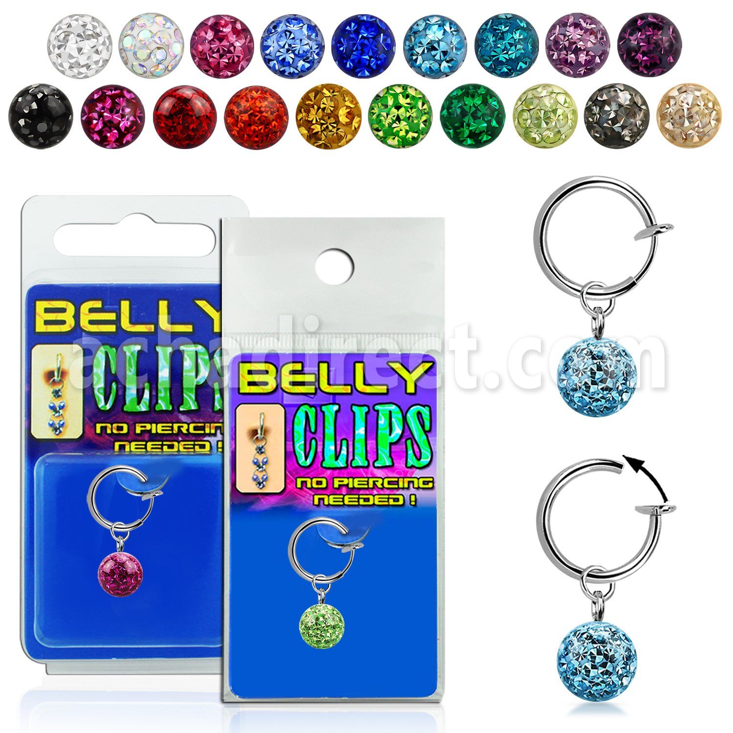 blcp626 fake belly clip w dangling 8mm ferido multi crystal ball