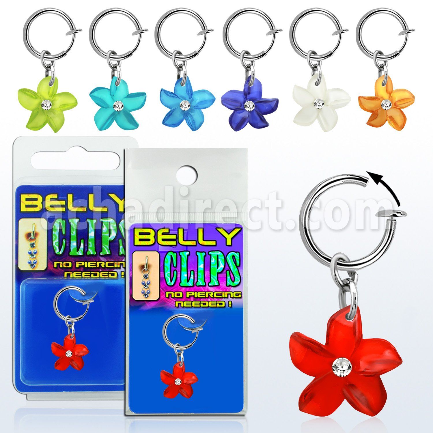 blcpt98 fake belly clip with dangling acrylic flower in package