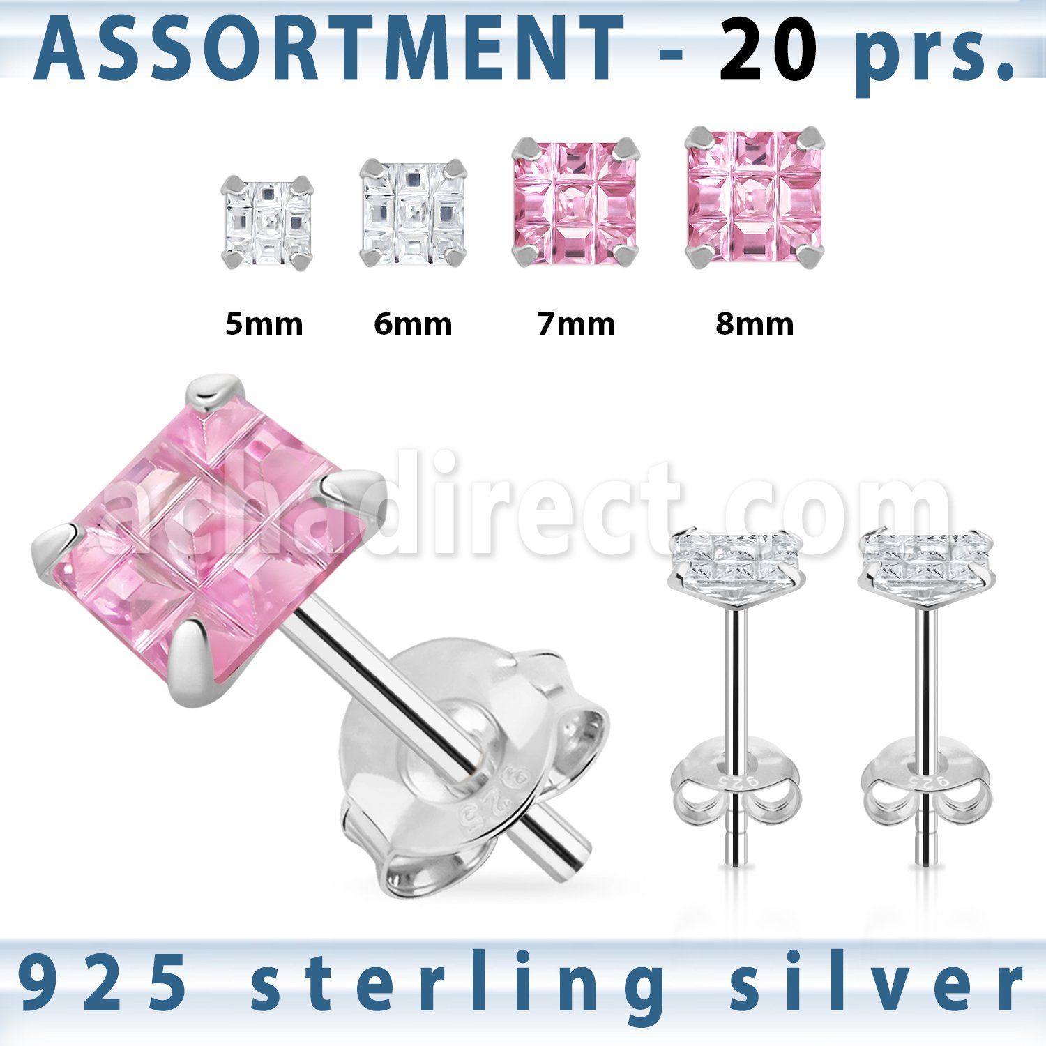 blk264m silver earring stud with square cubic zirconia