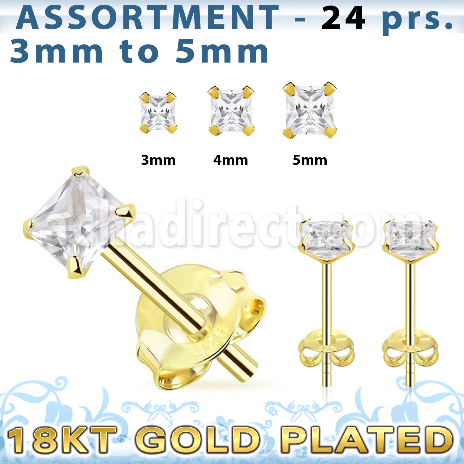 blk265s 18k gold plated silver ear stud with 3 5mm square cz
