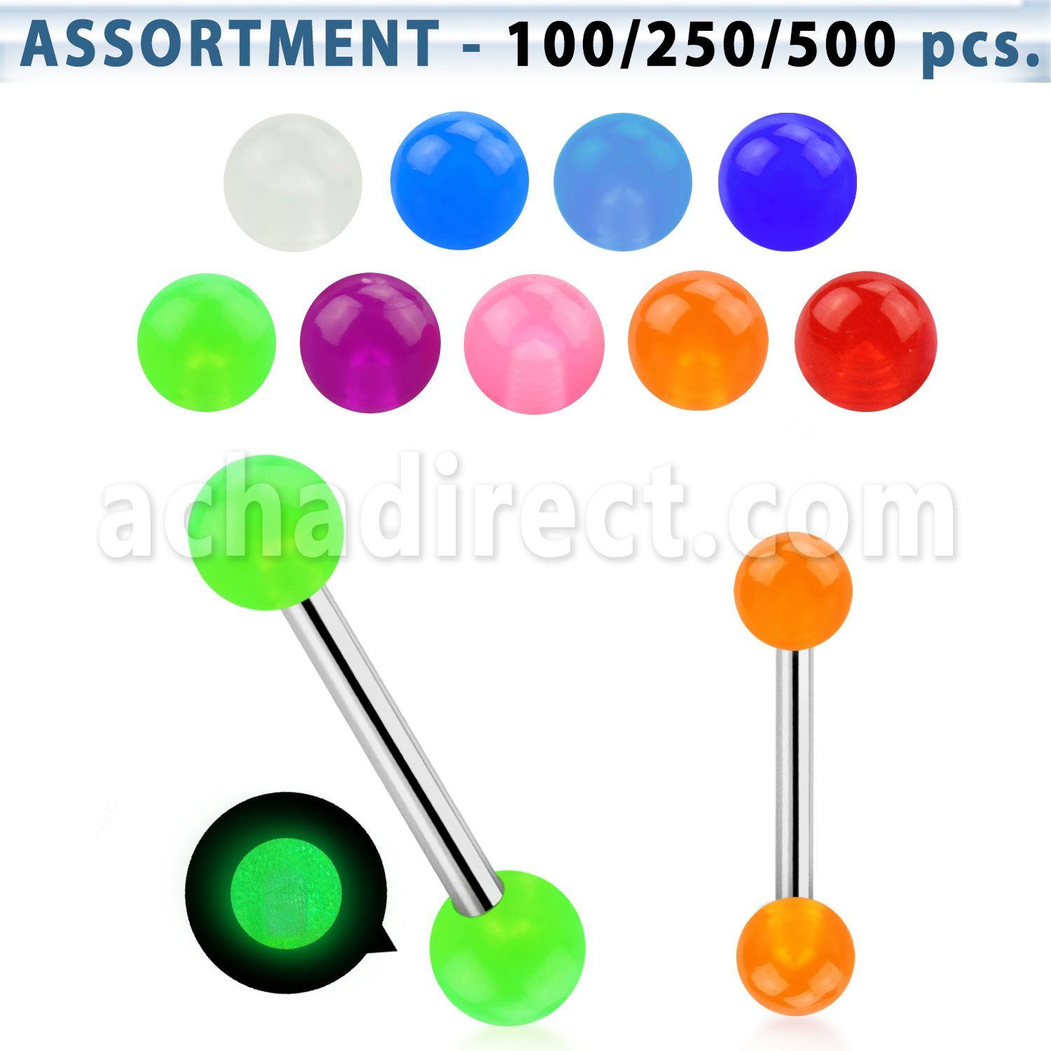 blk268 316l tongue barbell with a 5mm glow in the dark ball