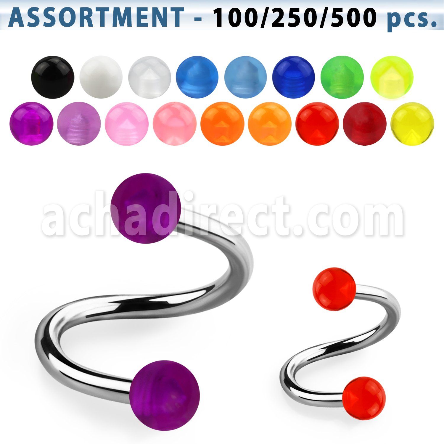 blk352 316l steel eyebrow spiral with 3mm acrylic uv ball