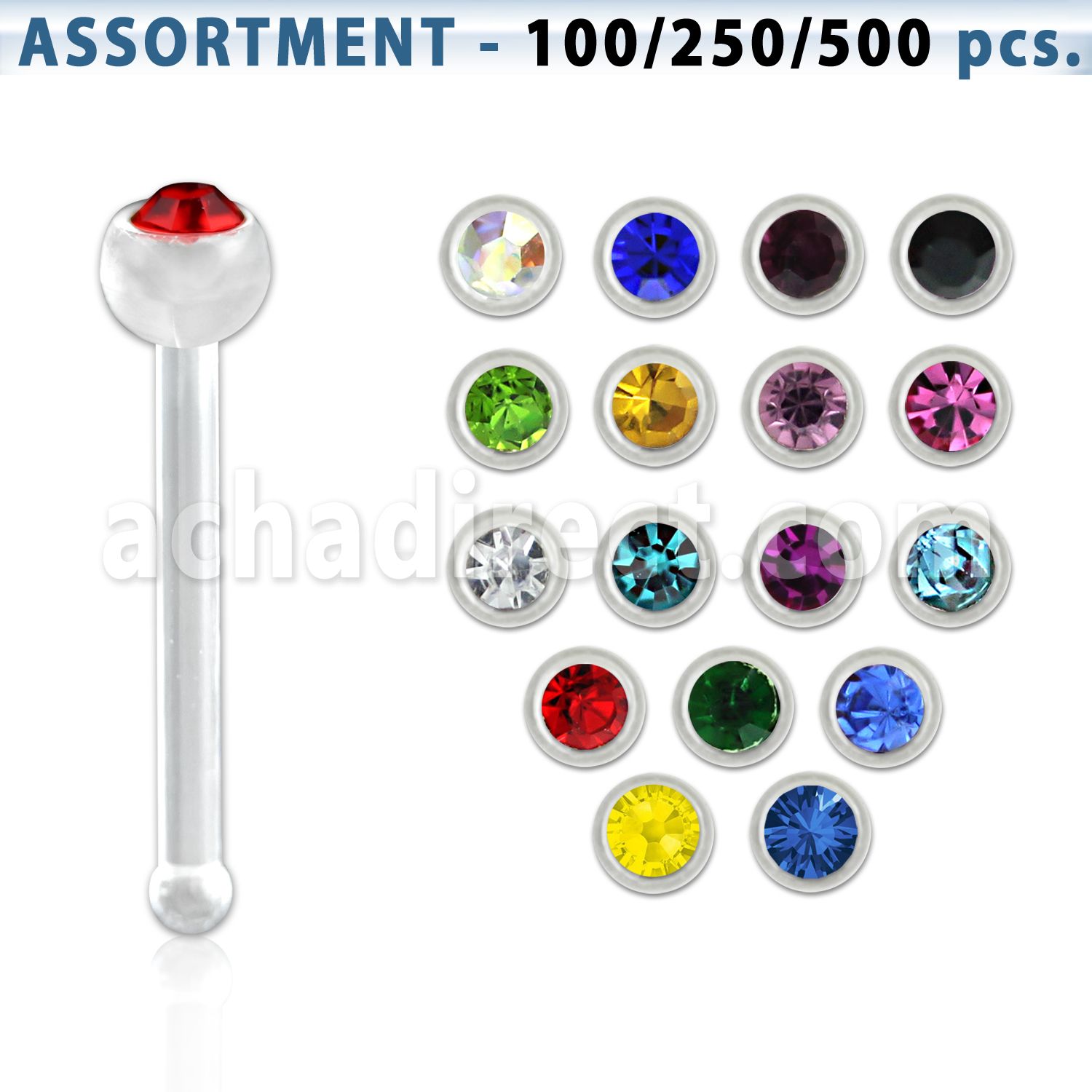 blk425 clear acrylic nose bone with 2mm ball top with crystal