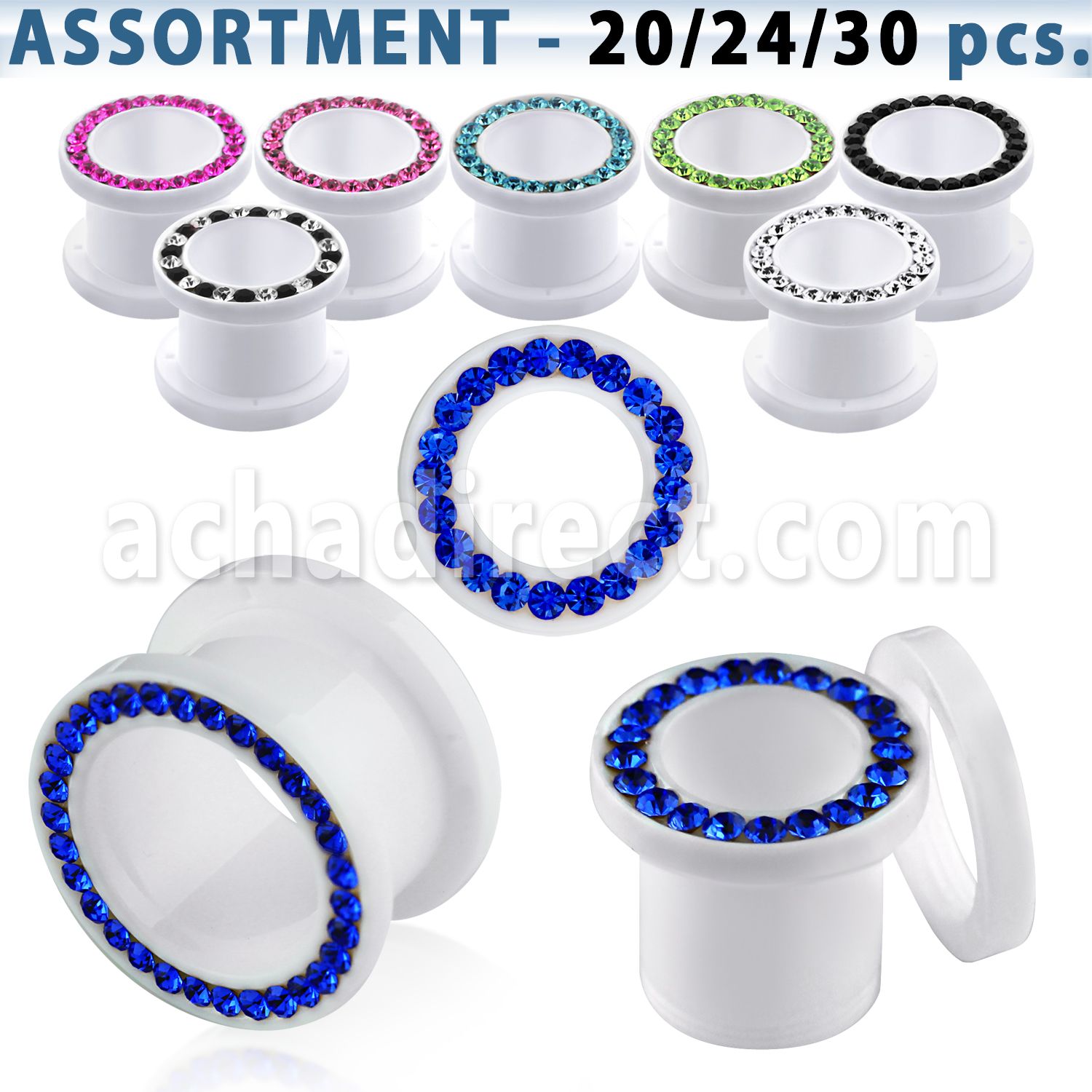blk430 white acrylic screw fit tunnel with crystals studded rim