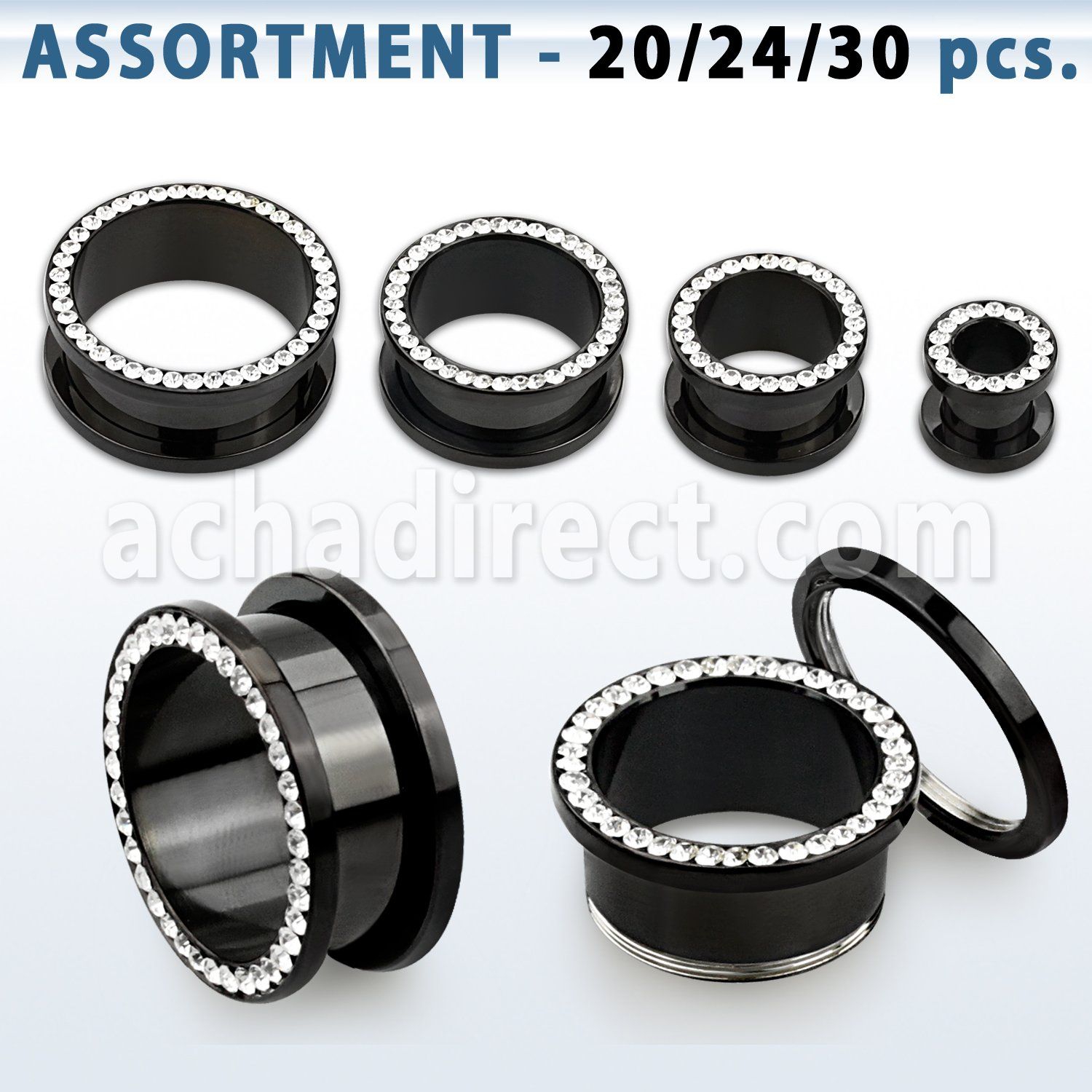 blk432 black acrylic screw fit flesh tunnel with clear crystal