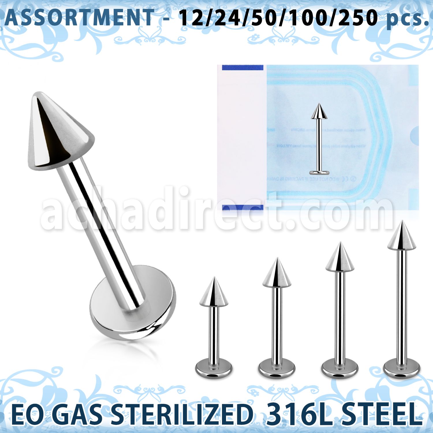 blk471 eo gas sterilized 316l steel labret with 3mm cone