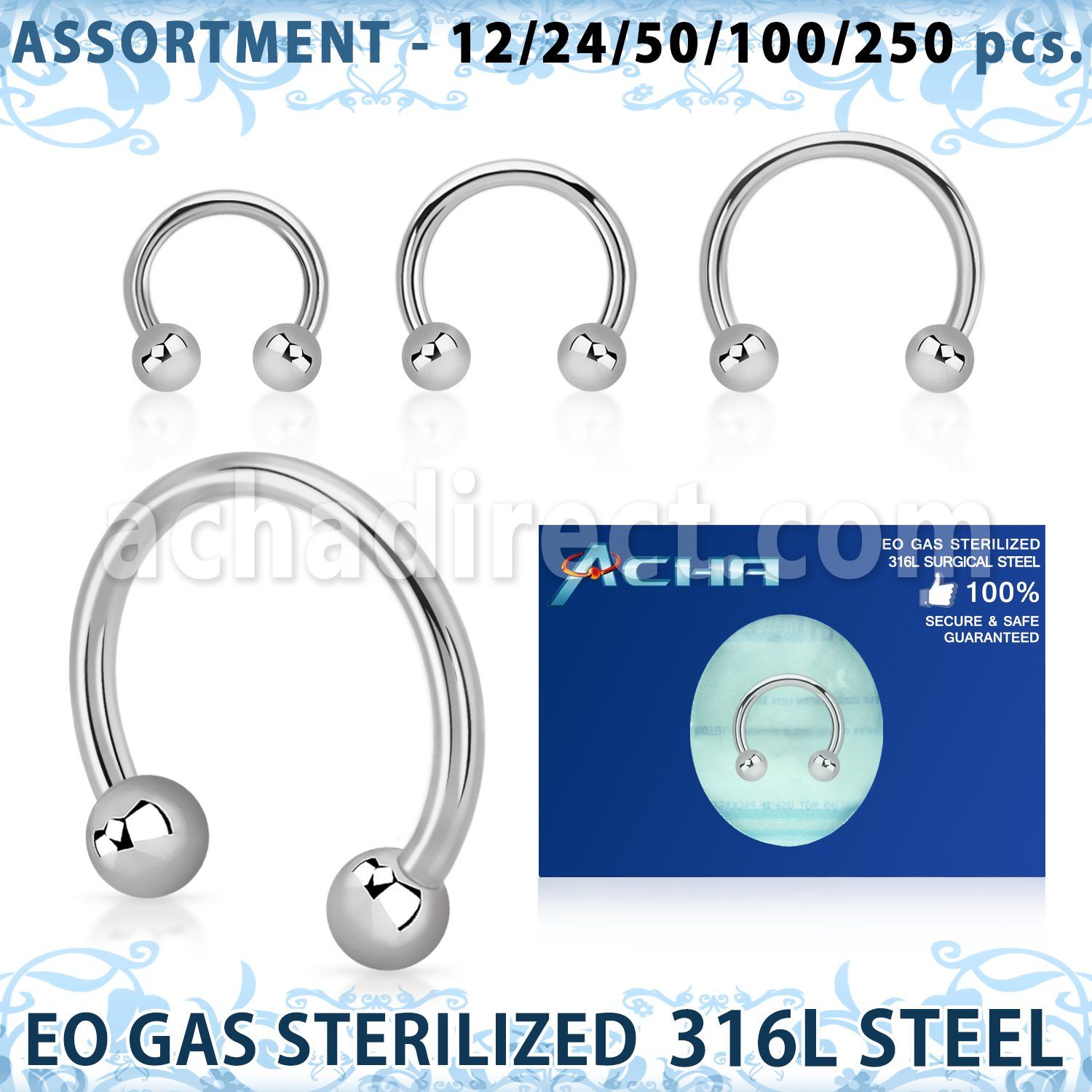 blk474 sterilized 316l steel circular barbell w 3mm balls