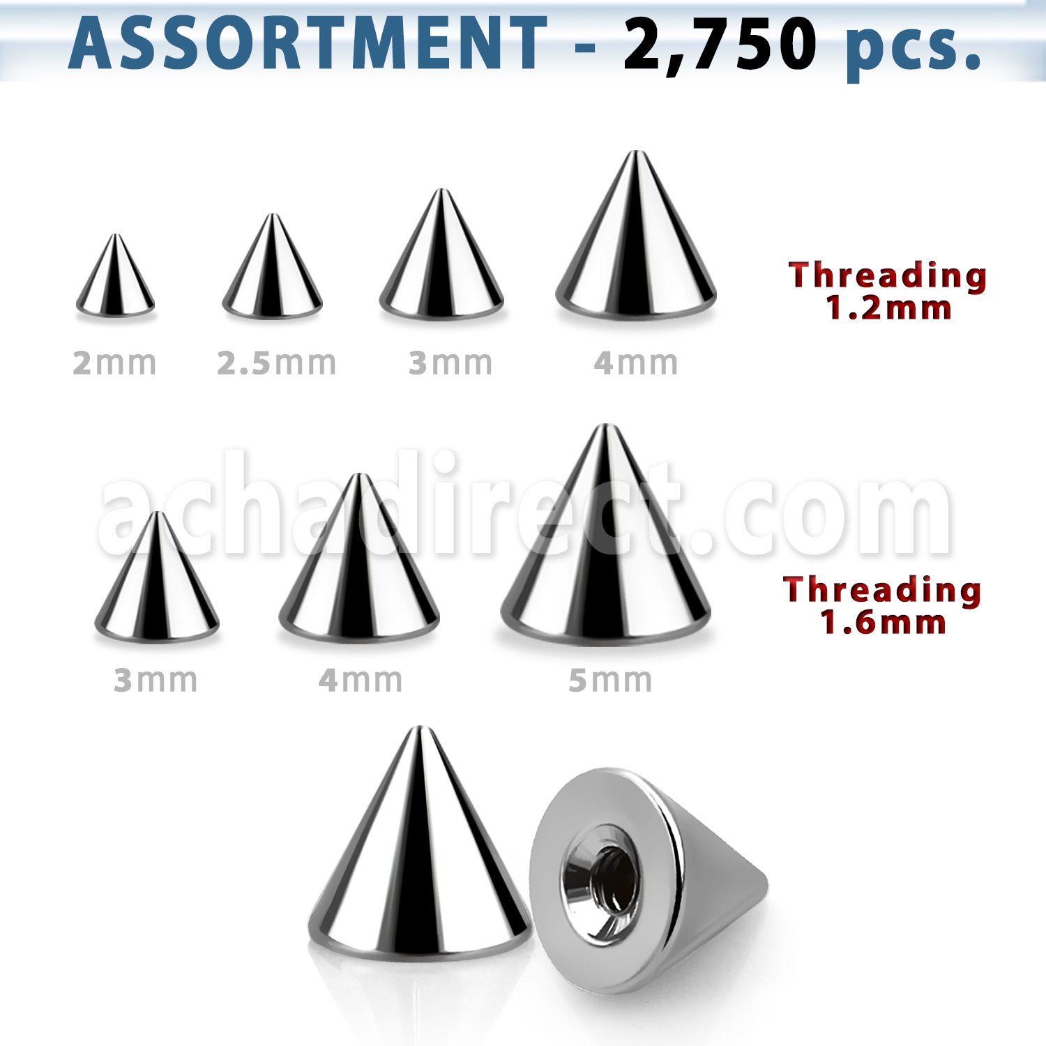 blk514 polished 316l steel 2mm 5mm cone with threading