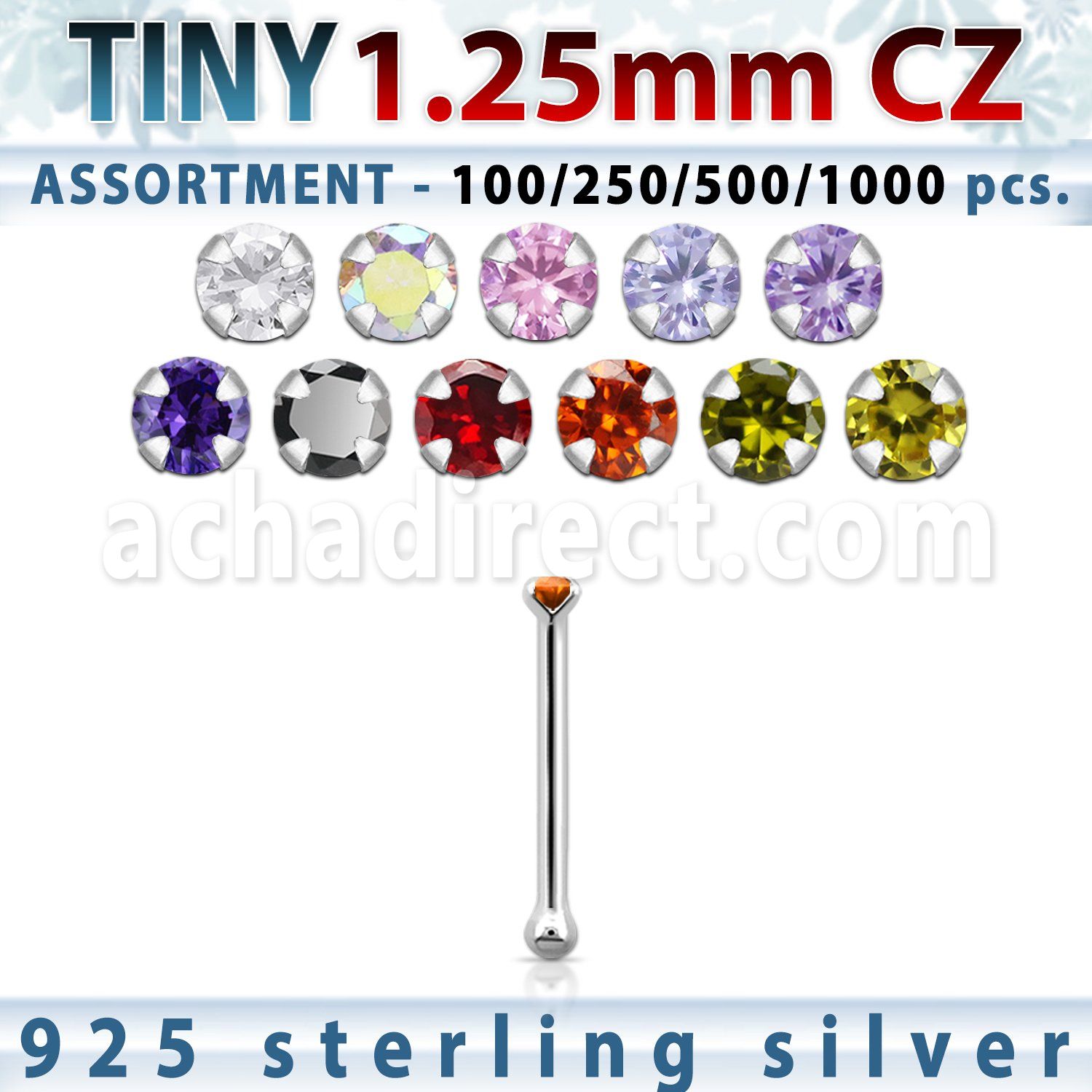 blk518 silver nose bones w 1 25mm round prong set cz