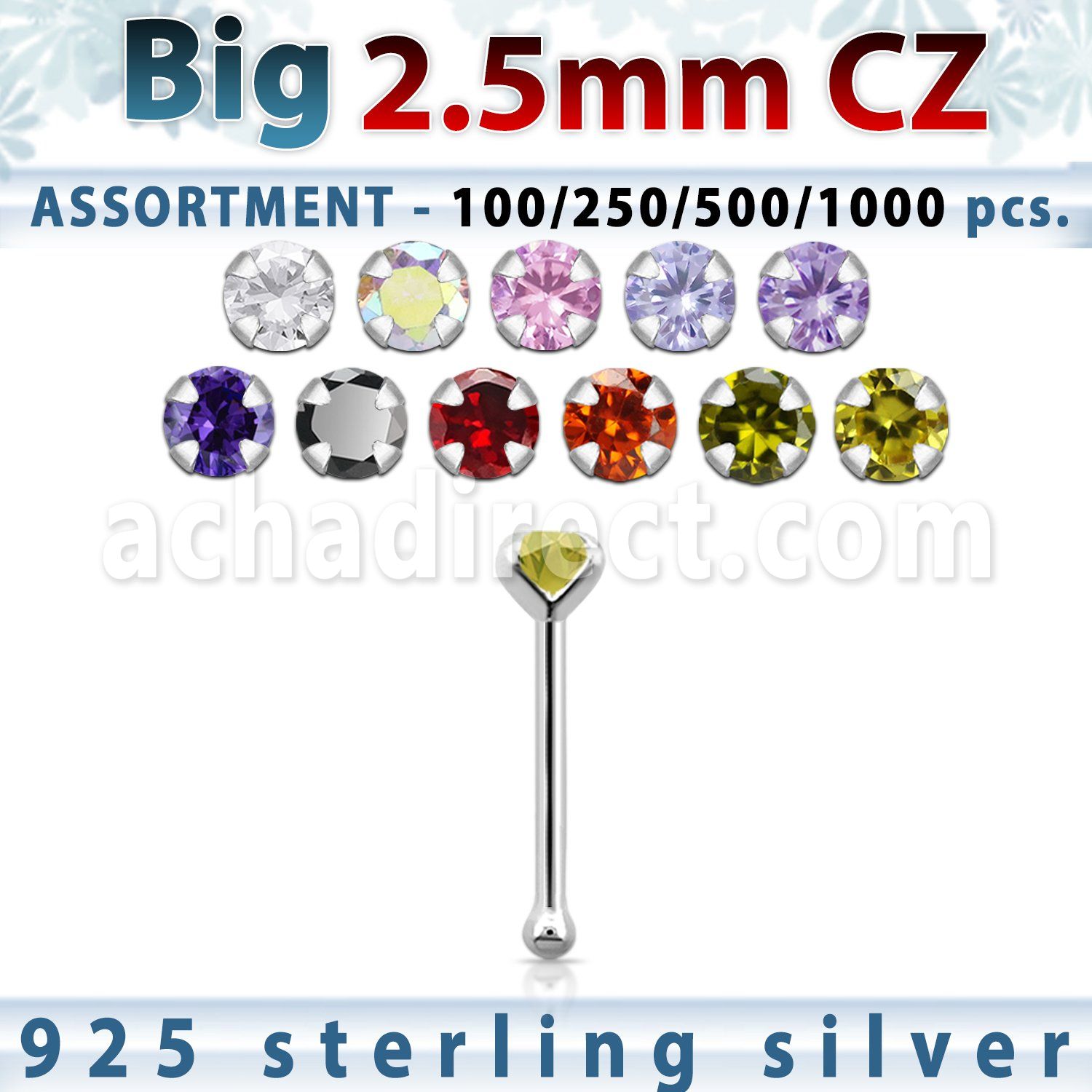 blk521 silver nose bones with 2 5mm round prong set cz