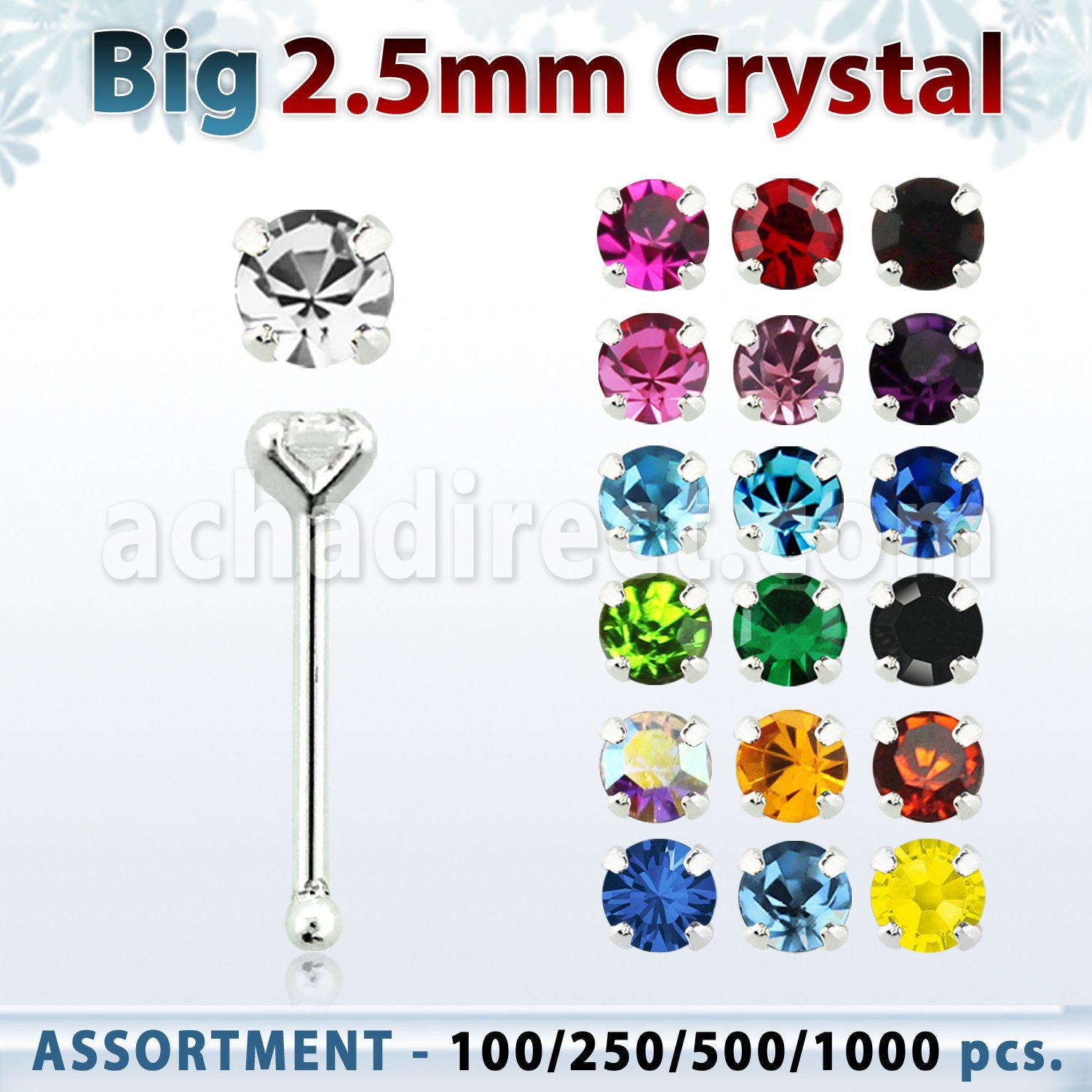 blk527 silver nose bones with 2 5mm round prong set crystal