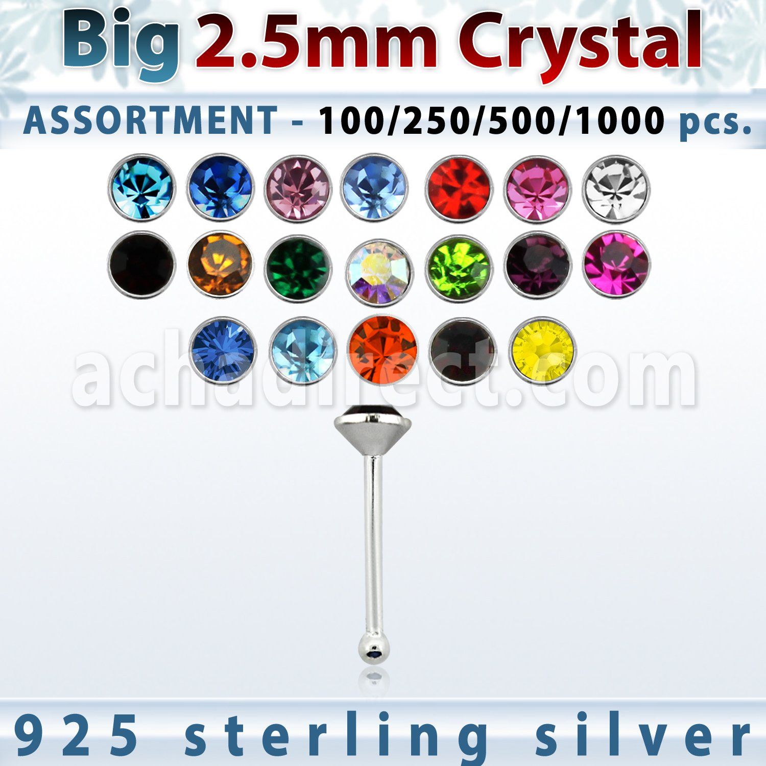 blk533 bulk of silver nose bones with 2 5mm round crystal top