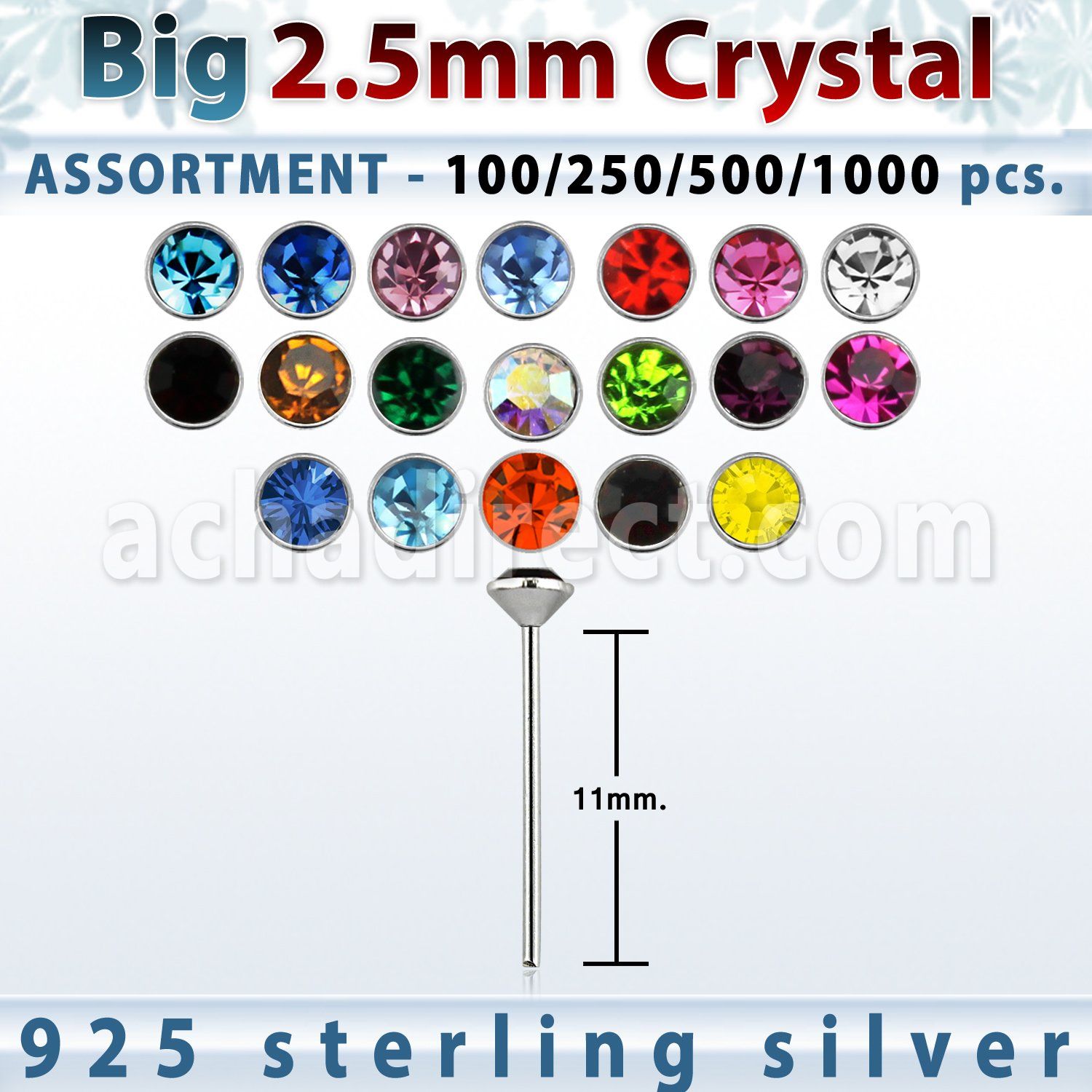 blk534 silver bend it nose studs with 2 5mm round crystal top