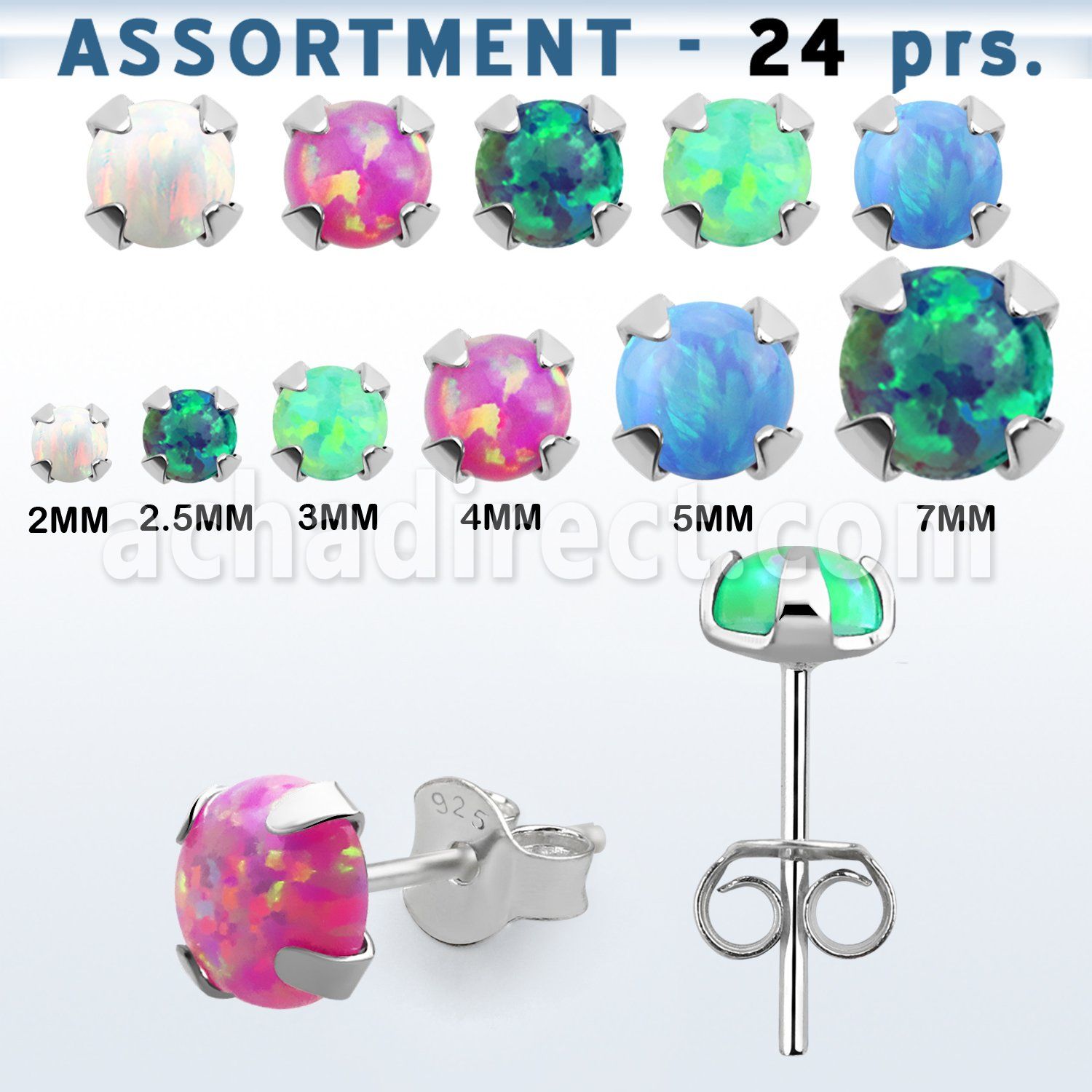 blk578  bulk of silver ear studs with prong set synthetic opal