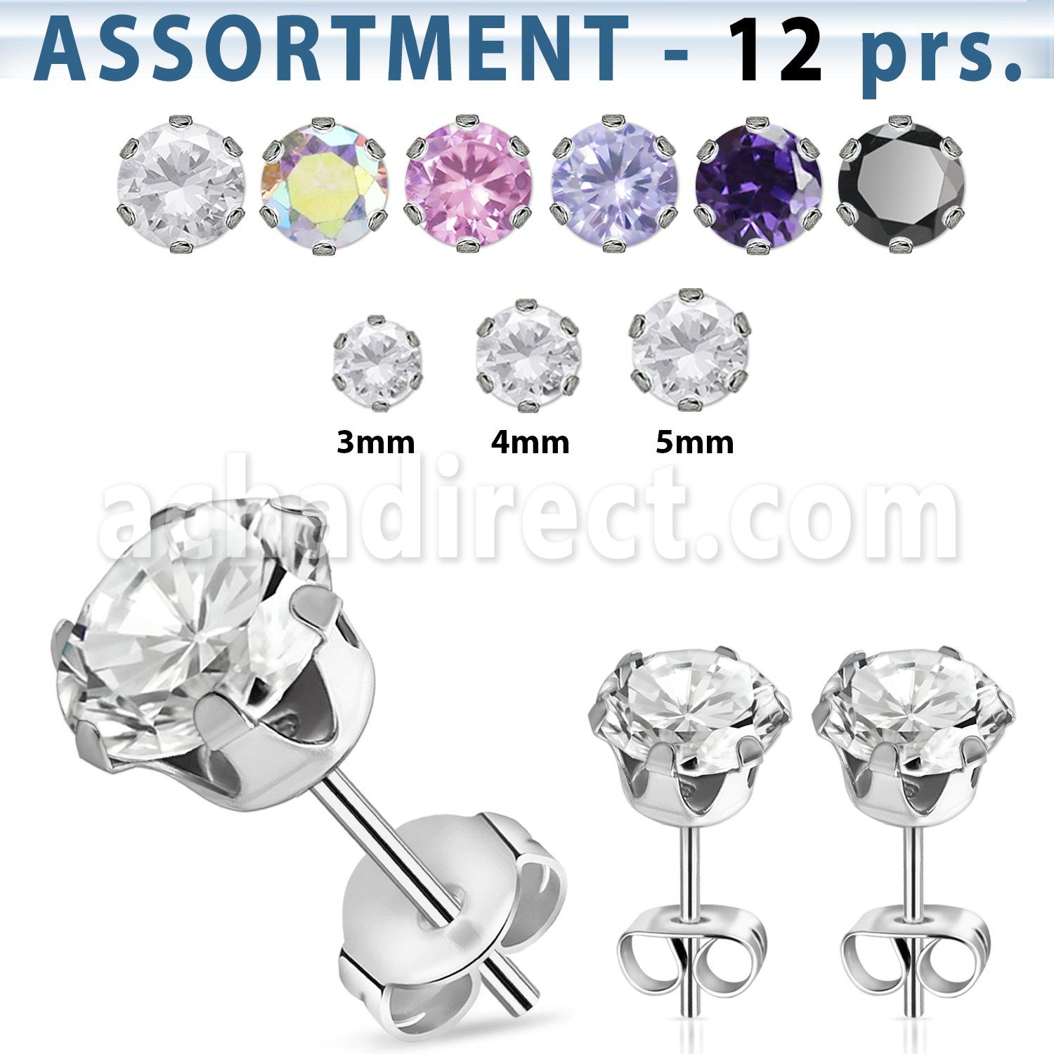 blk60 316l steel ear studs with 3 5mm prong cz stone