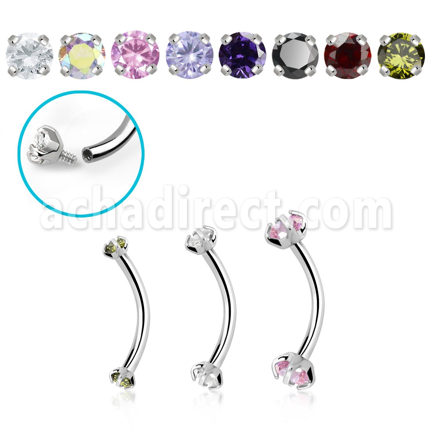 bne2czin internally threaded steel eyebrow banana w 3mm cz stone