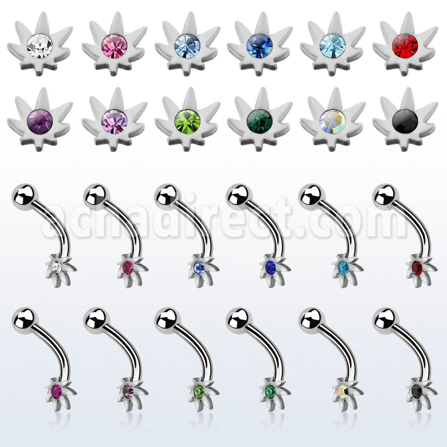 bnemac 316l steel eyebrow banana with central crystal marijuana