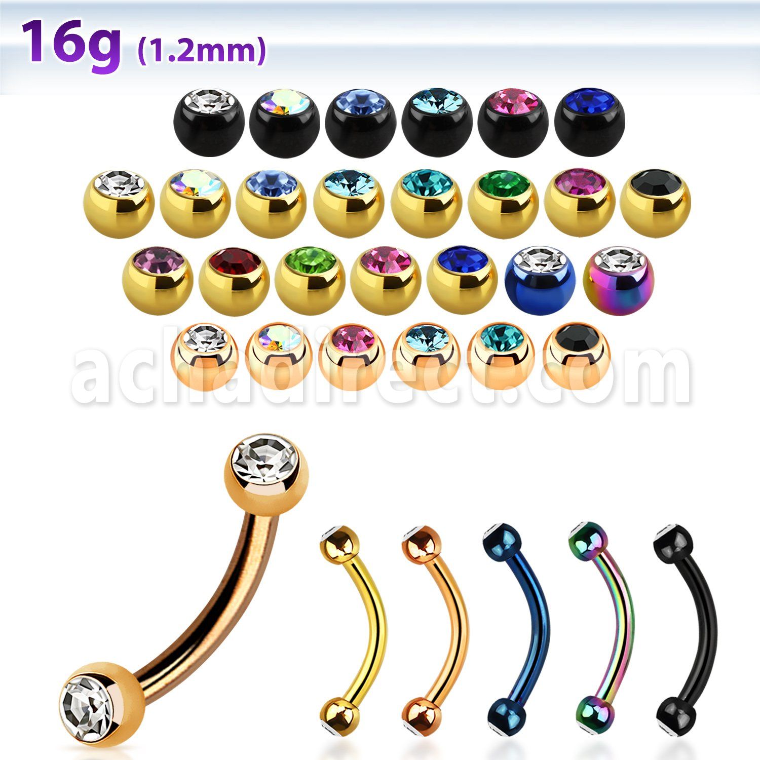 bnetjb25 anodized steel eyebrow banana with two 2.5mm jewel balls