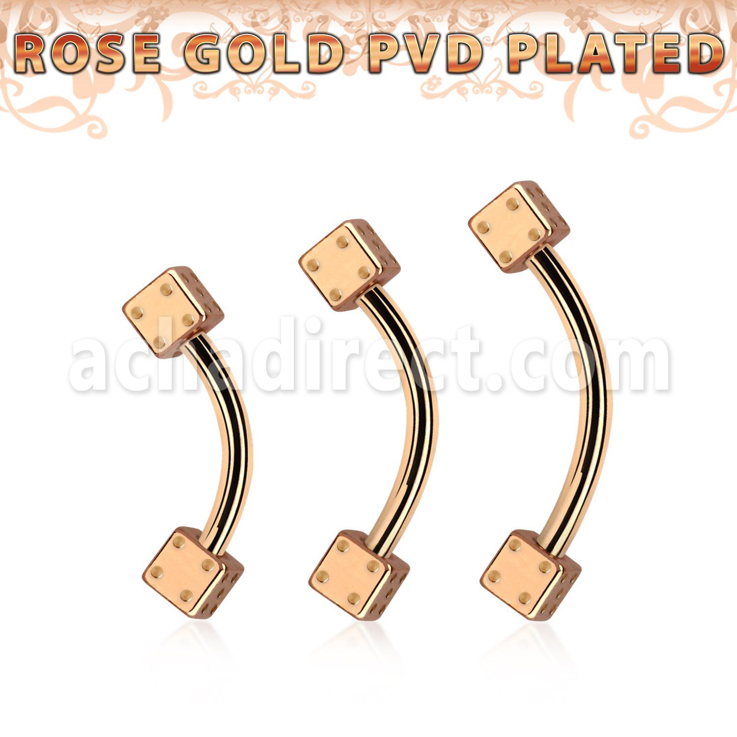 bnett2di rose gold steel eyebrow banana w 2 3mm dices