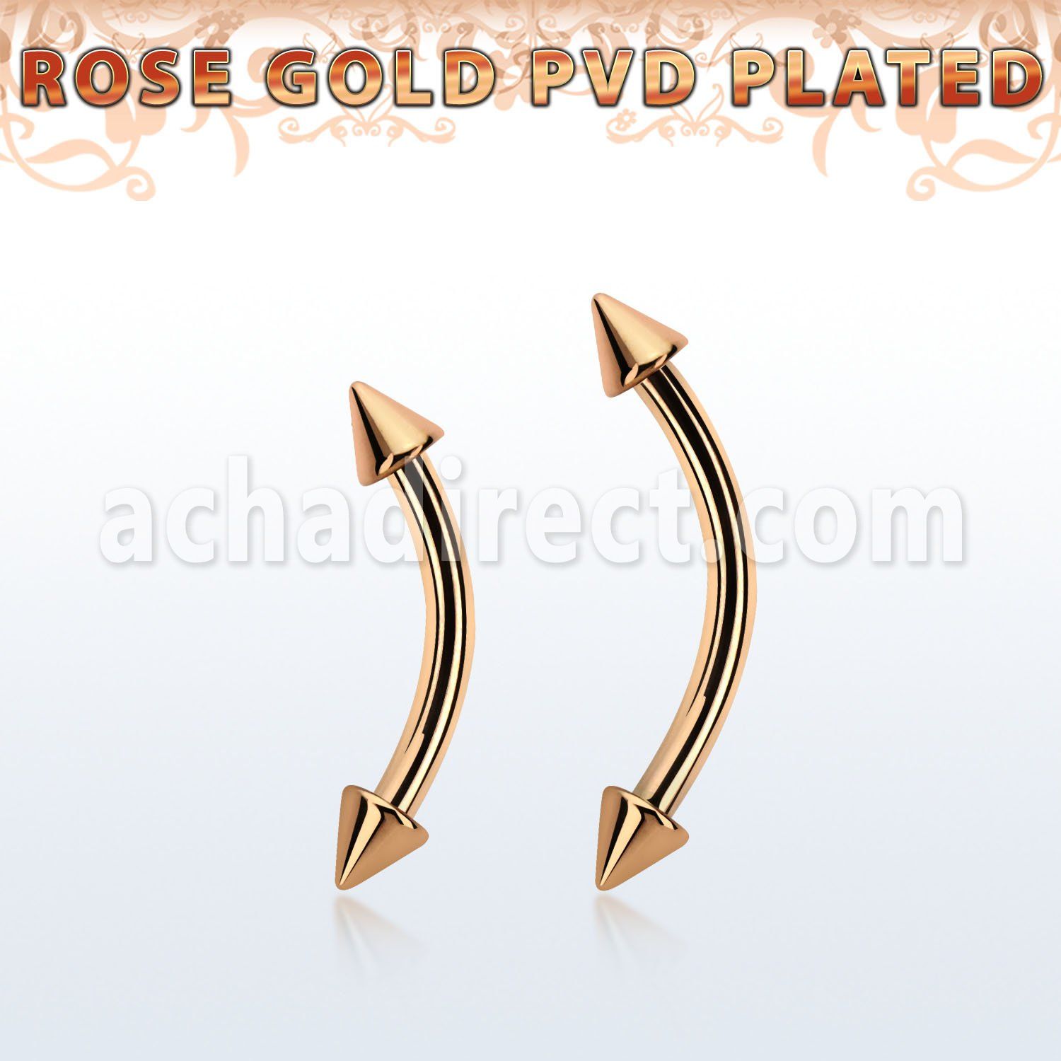 bnettn25 rose gold steel eyebrow banana w 2 2.5mm cones