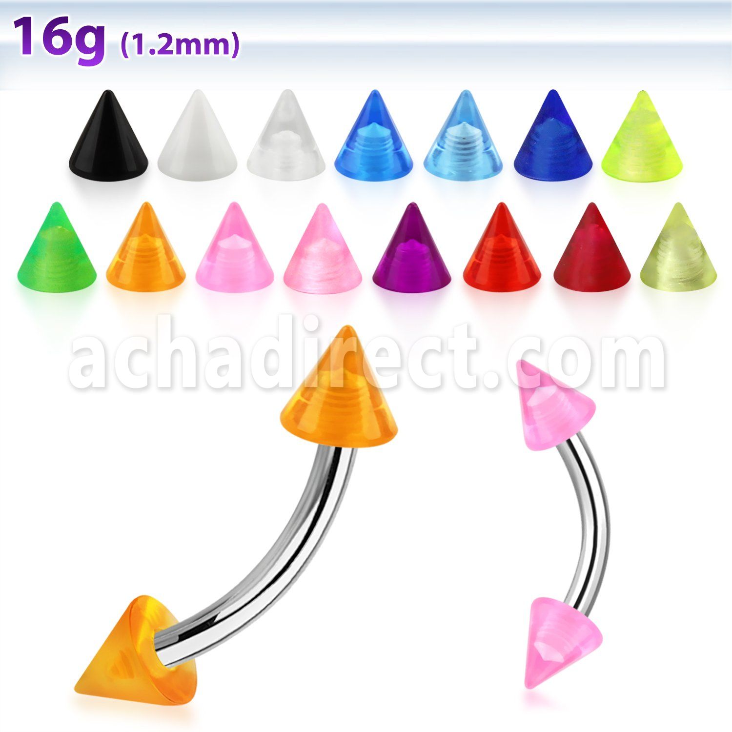 bneuvcn 316l steel eyebrow banana with 3mm uv acrylic cone