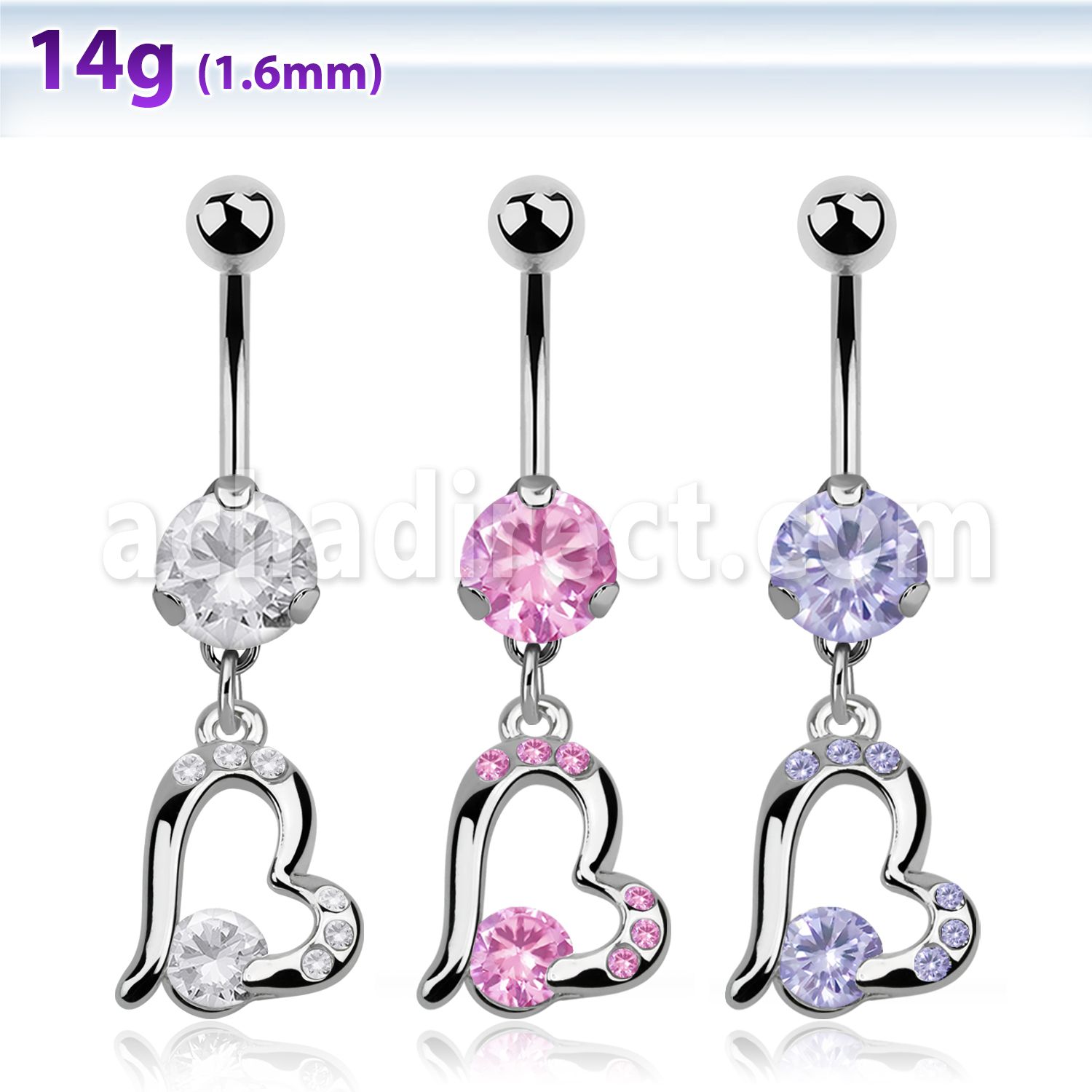 bnrz362 casted steel cz belly banana w heart w a prong set cz