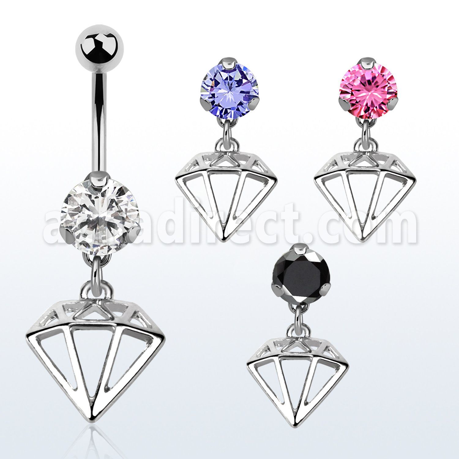 bnrz575 casted steel cz belly banana w dangling diamond shaped