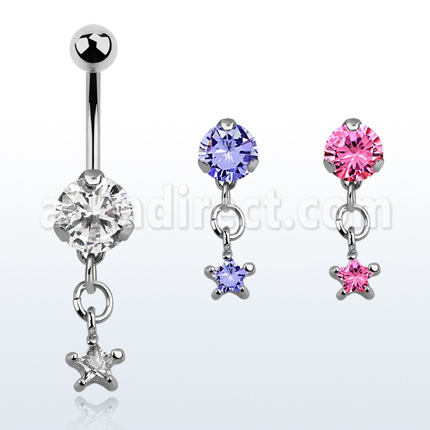 bnrz585 casted steel cz belly banana w prong set star shaped cz