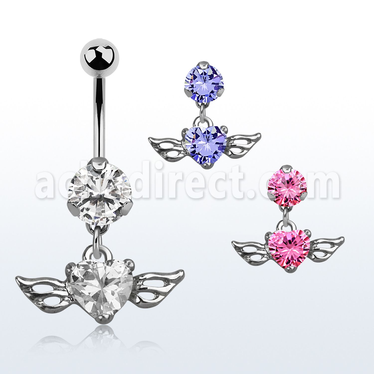 bnrz586 casted steel cz belly banana w heart shaped cz w wings