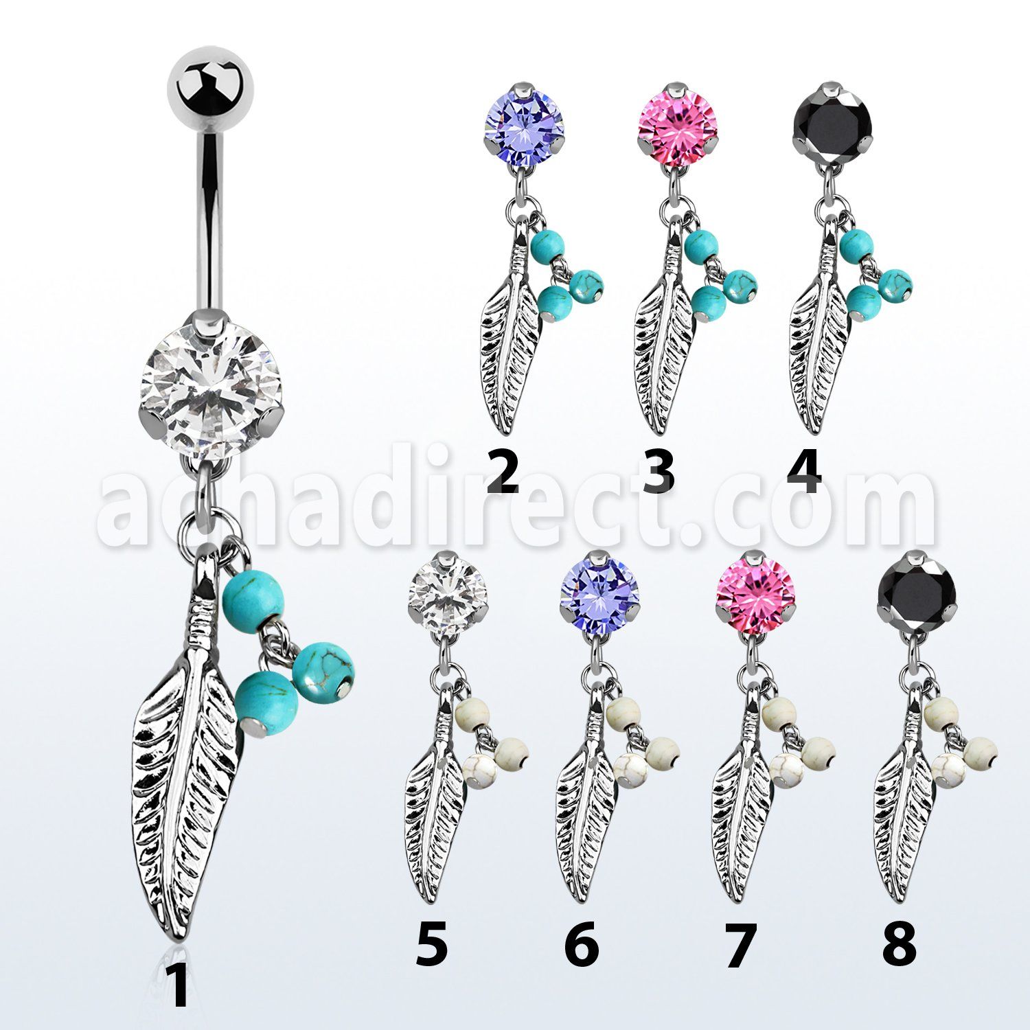 bnrz601b casted steel cz belly banana w feather faux turquoise