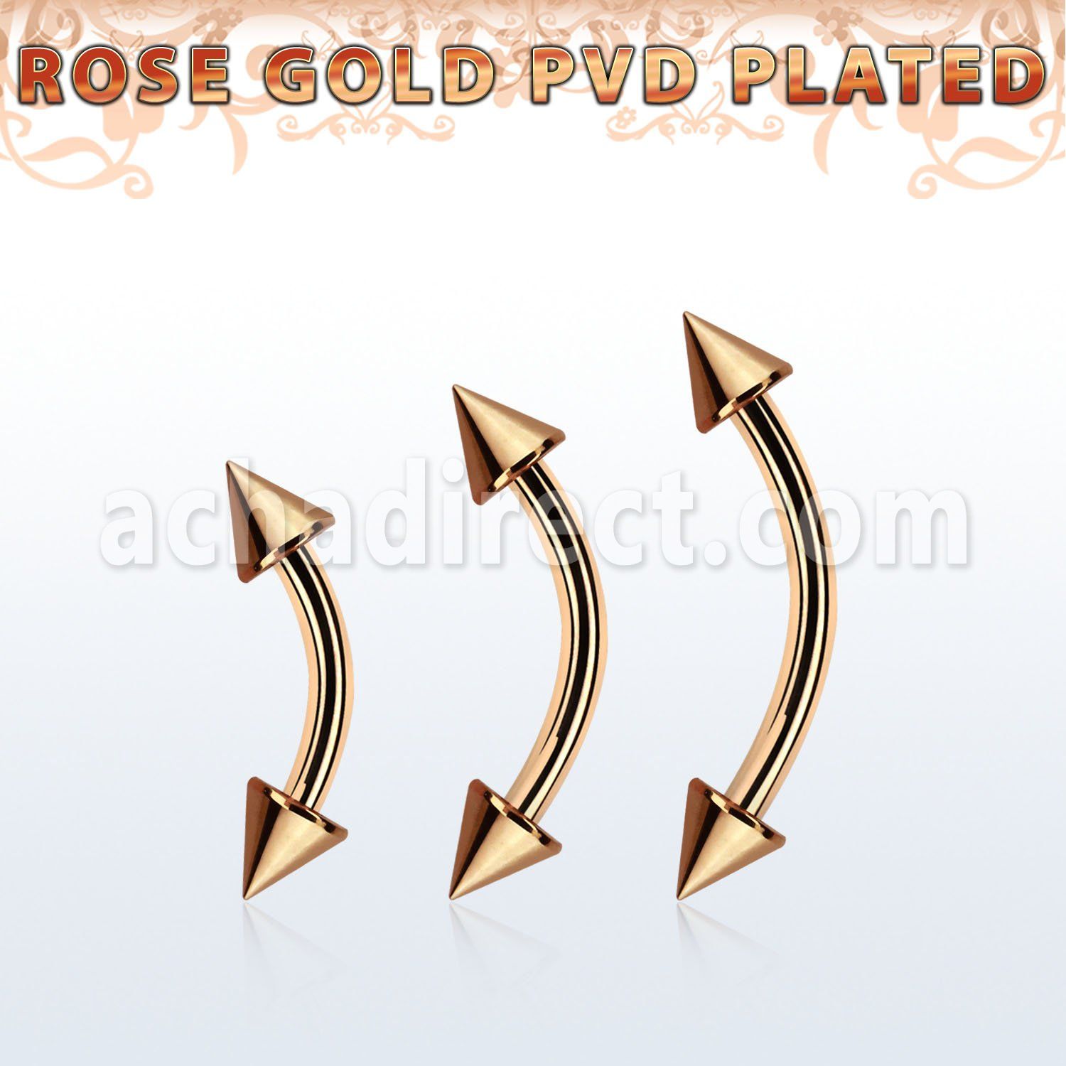 bnttcn4 rose gold steel eyebrow banana w 2 4mm cones