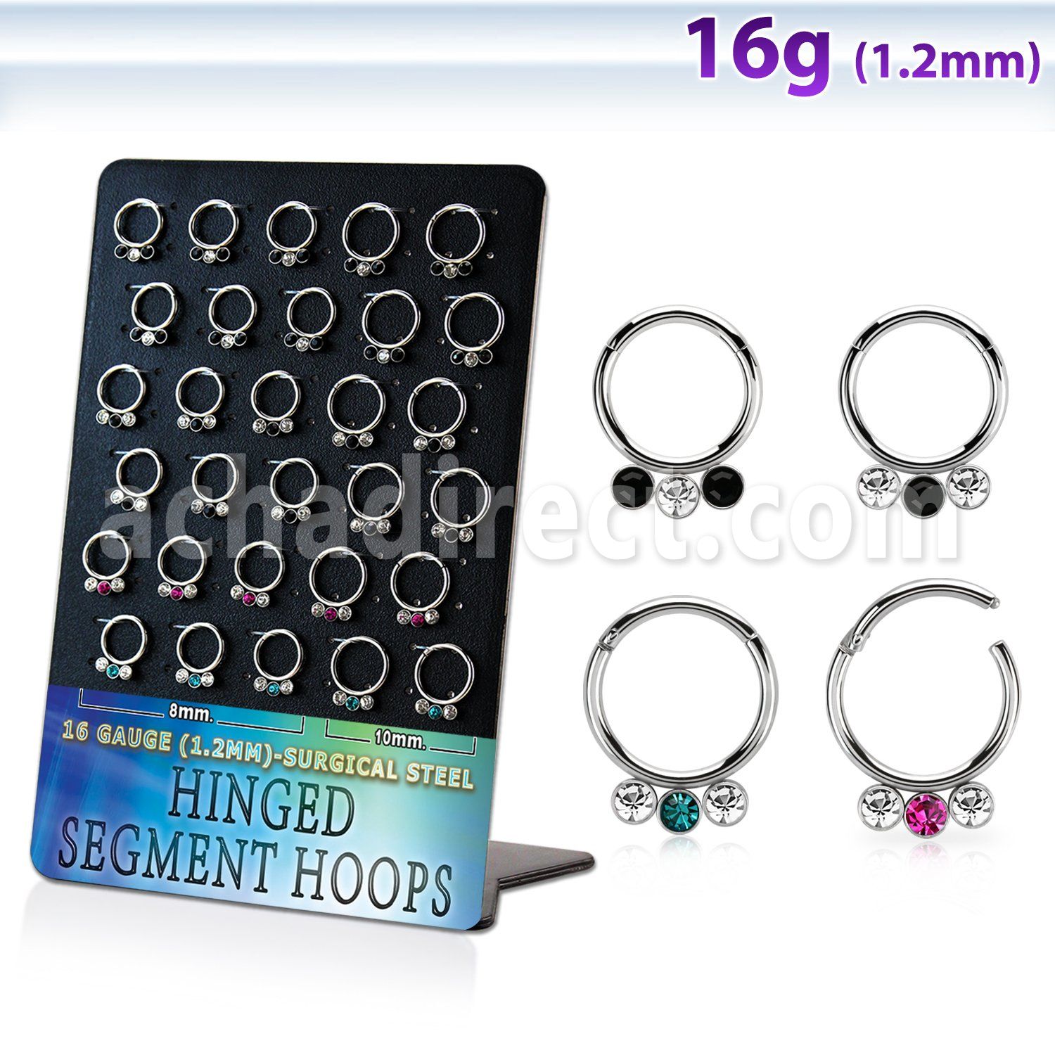 board w steel hinged segment rings w two color crystals 